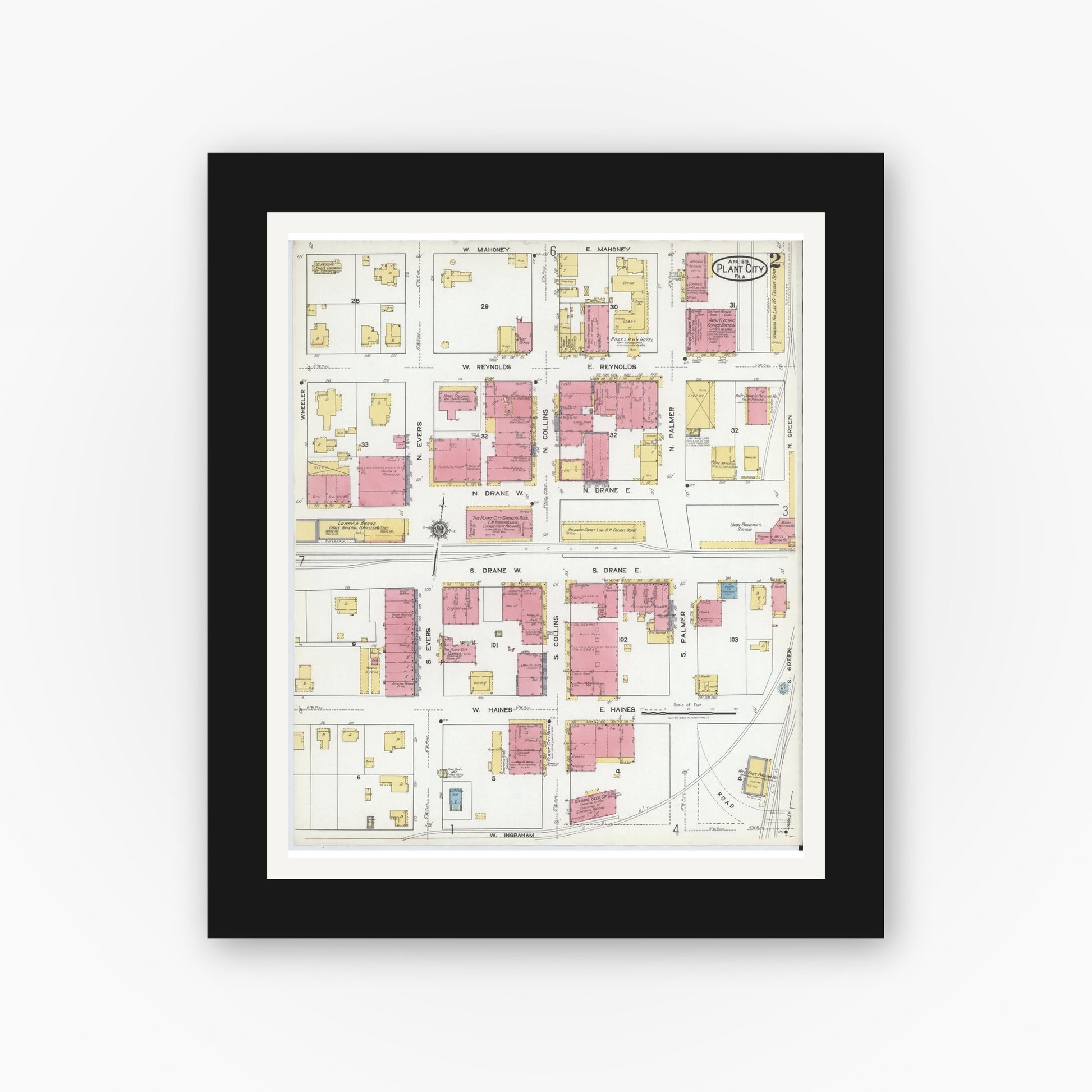 Old map wall art mockup — black gallery frame with white mat — Sanborn Fire Insurance Map from Plant City, Hillborough County, Florida (1919), Sheet #0002