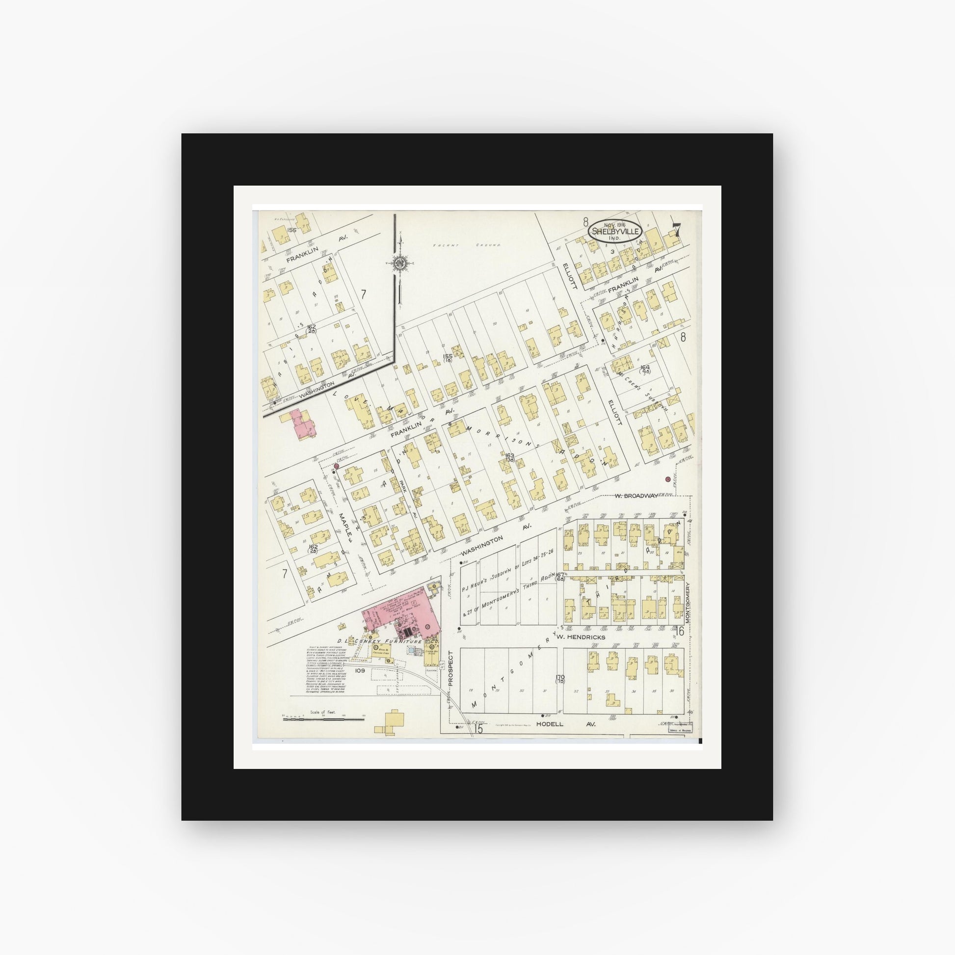 Old map wall art mockup — black gallery frame with white mat — Sanborn Fire Insurance Map from Shelbyville, Shelby County, Indiana (1916), Sheet #0007