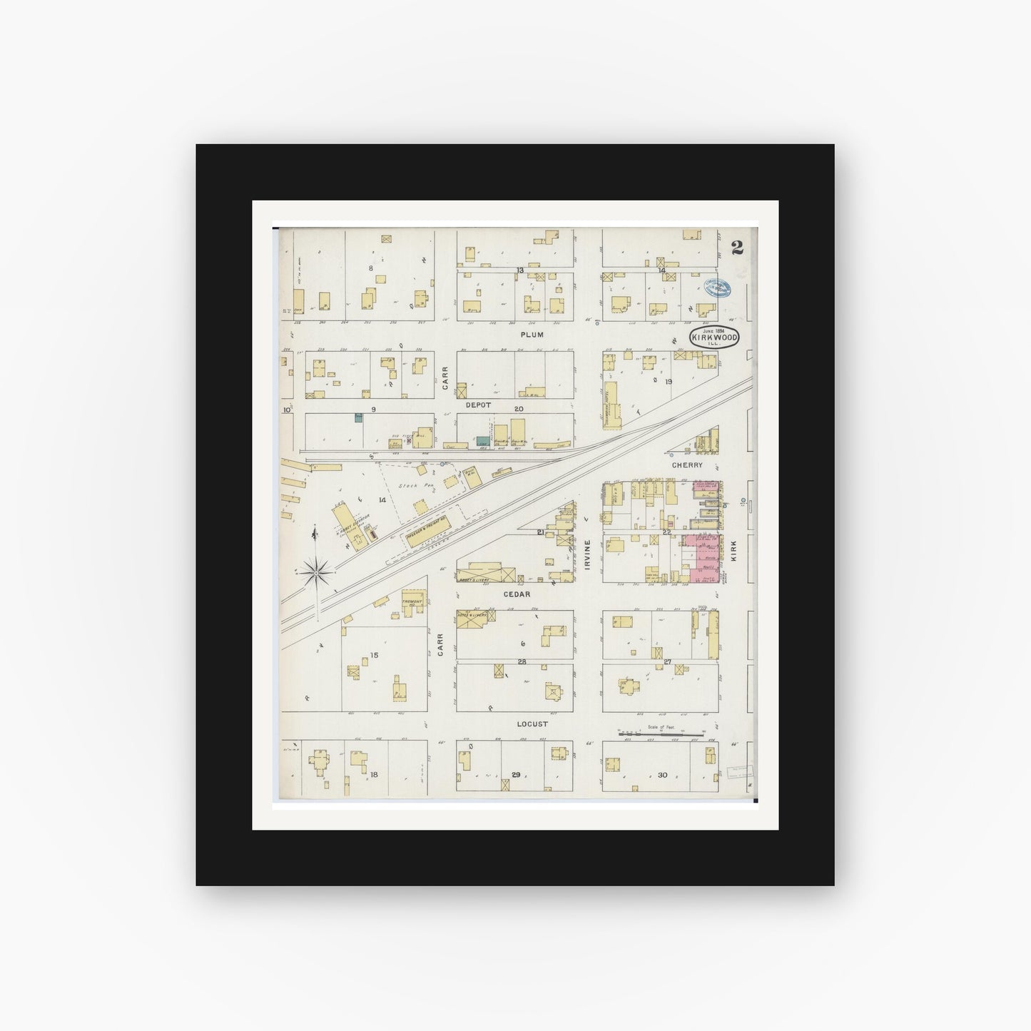 Old map wall art mockup — black gallery frame with white mat — Sanborn Fire Insurance Map from Kirkwood, Warren County, Illinois (1894), Sheet #0002