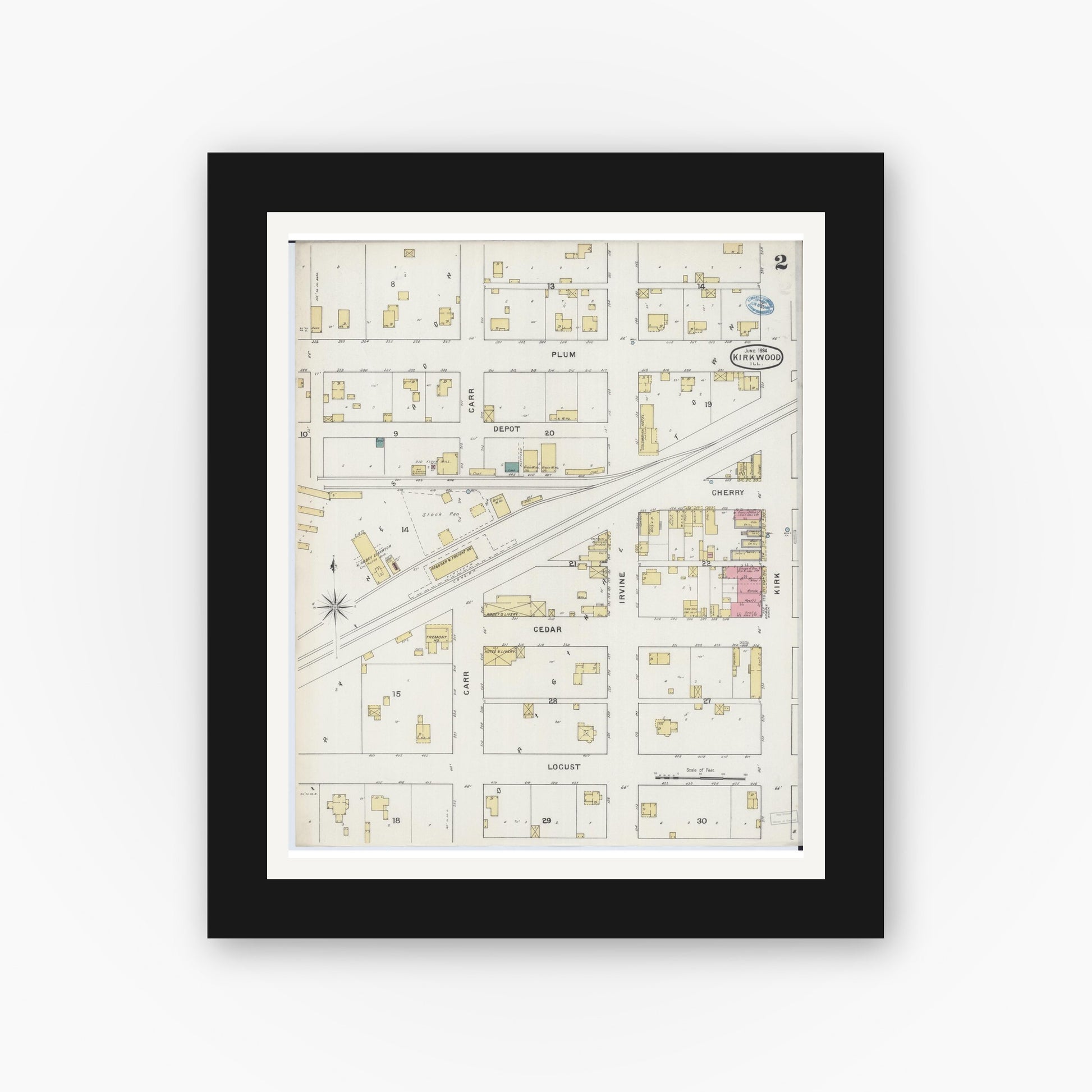 Old map wall art mockup — black gallery frame with white mat — Sanborn Fire Insurance Map from Kirkwood, Warren County, Illinois (1894), Sheet #0002