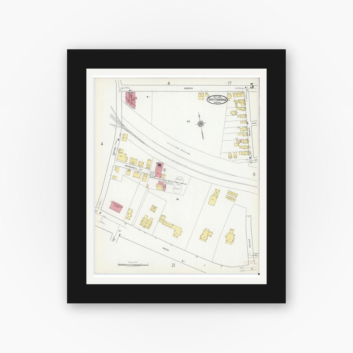 Old map wall art mockup — black gallery frame with white mat — Sanborn Fire Insurance Map from Southbridge, Worcester County, Massachusetts (1918), Sheet #0005