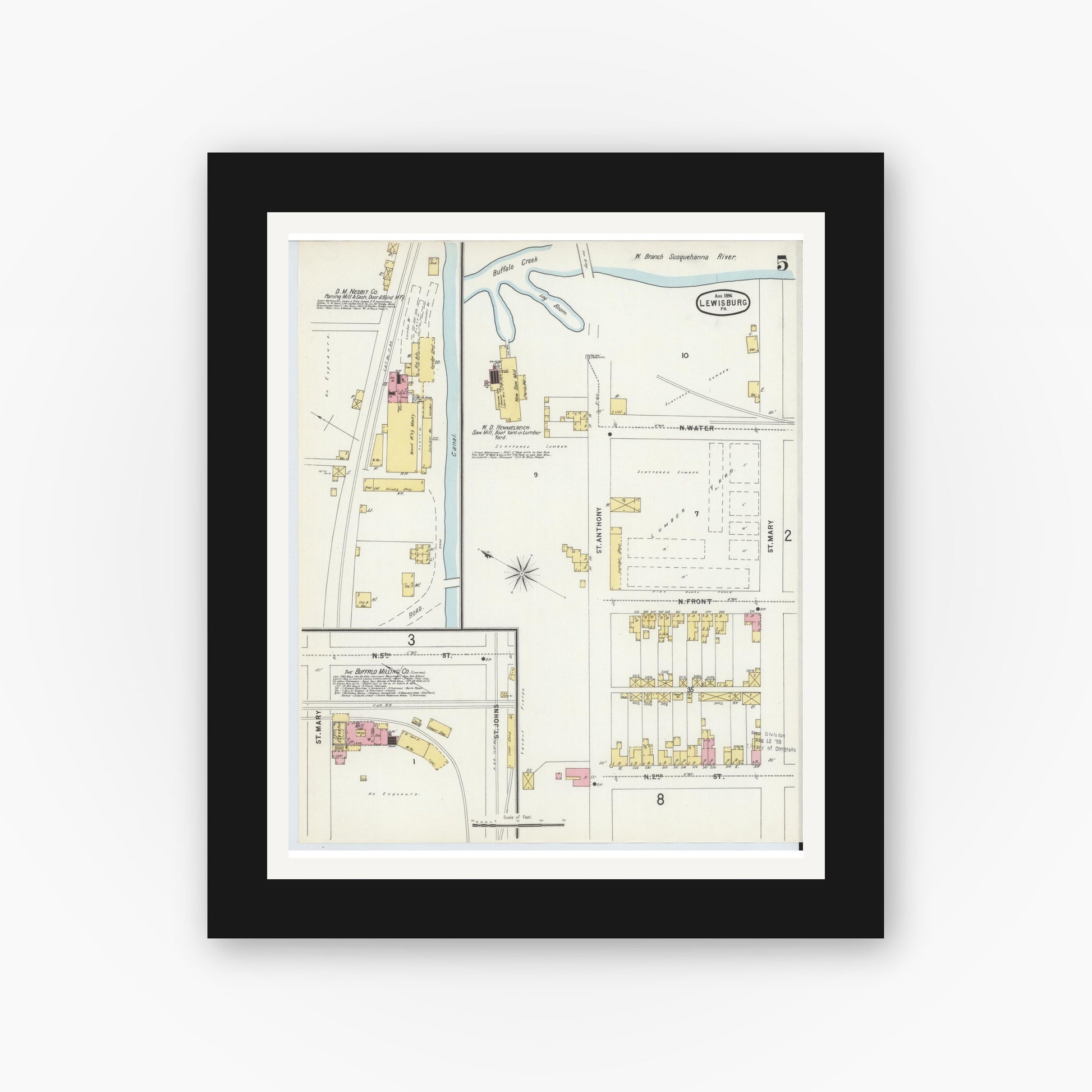 Old map wall art mockup — black gallery frame with white mat — Sanborn Fire Insurance Map from Lewisburg, Union County, Pennsylvania (1896), Sheet #0005
