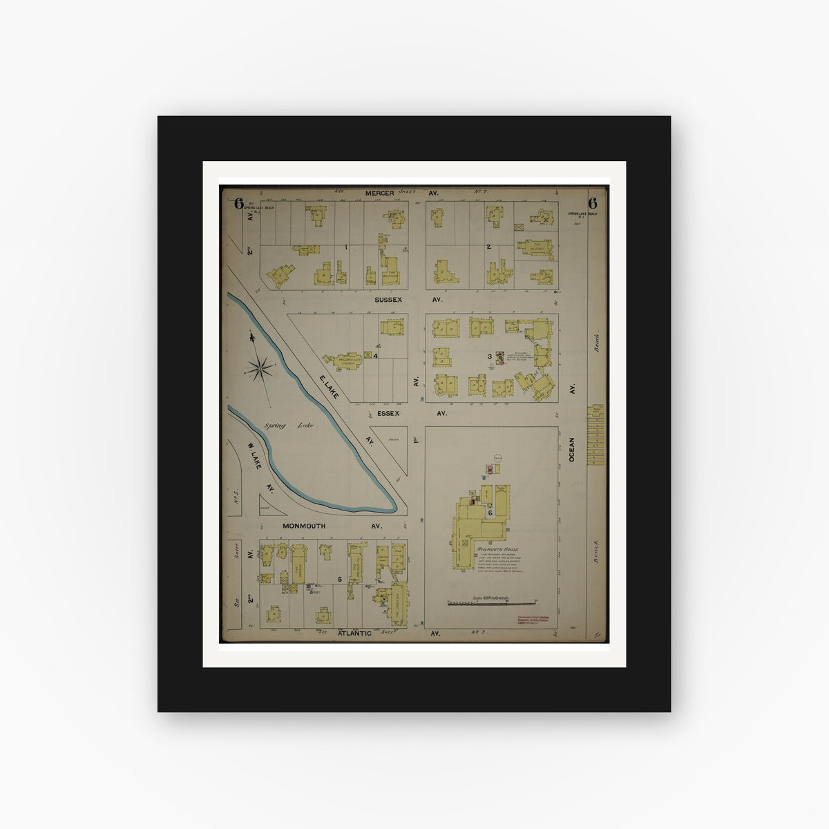 Old map wall art mockup — black gallery frame with white mat — Sanborn Fire Insurance Map from New Jersey Coast, New Jersey Coast, New Jersey (1890), Sheet #0006