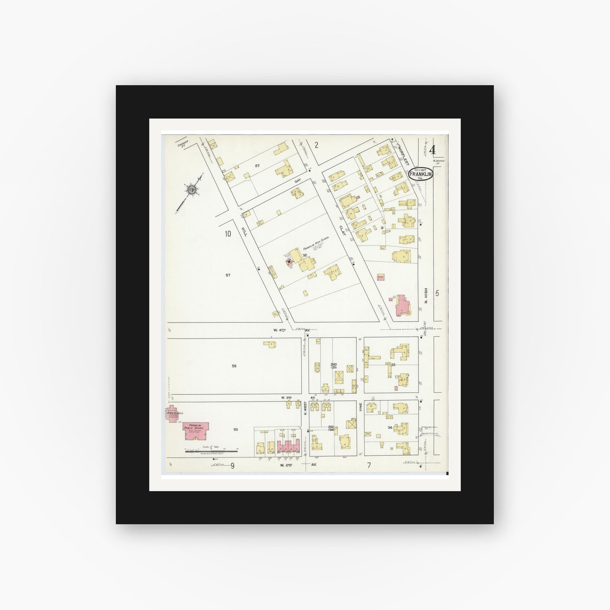 Old map wall art mockup — black gallery frame with white mat — Sanborn Fire Insurance Map from Franklin, Independent Cities, Virginia (1917), Sheet #0004