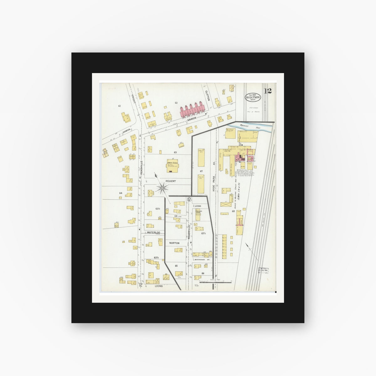 Old map wall art mockup — black gallery frame with white mat — Sanborn Fire Insurance Map from Hyde Park, Norfolk County, Massachusetts (1900), Sheet #0012