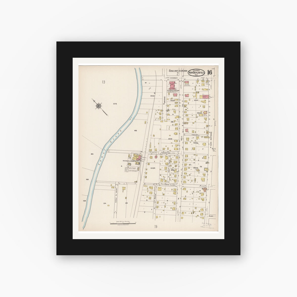 Old map wall art mockup — black gallery frame with white mat — Sanborn Fire Insurance Map from New Braunfels, Comal County, Texas (1922), Sheet #0016