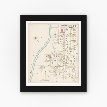 Old map wall art mockup — black gallery frame with white mat — Sanborn Fire Insurance Map from New Braunfels, Comal County, Texas (1922), Sheet #0016