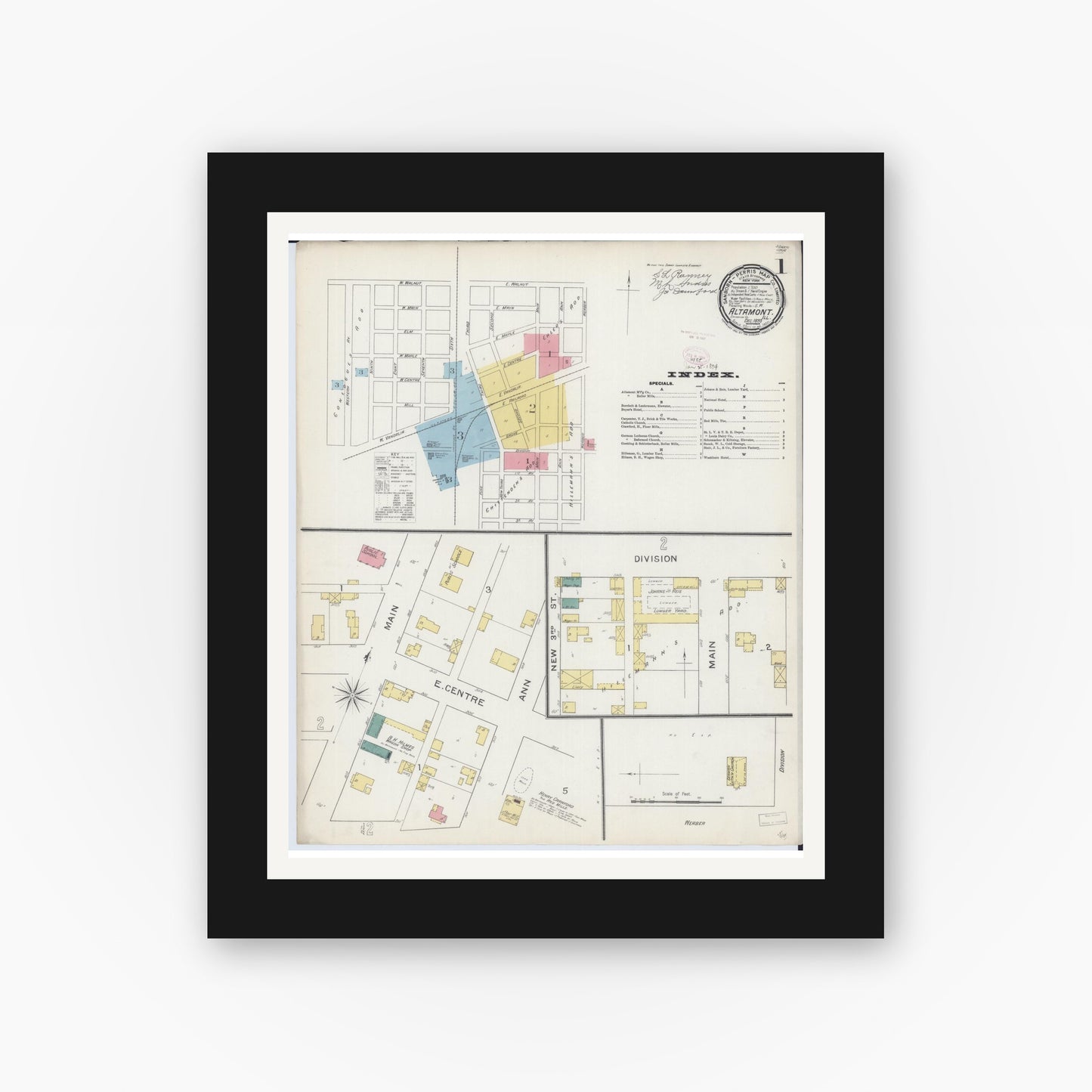 Old map wall art mockup — black gallery frame with white mat — Sanborn Fire Insurance Map from Altamont, Effingham County, Illinois (1893) - Complete Map Set