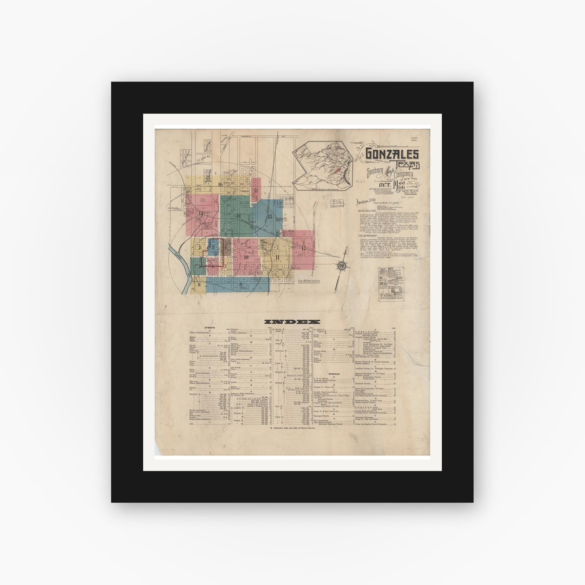 Old map wall art mockup — black gallery frame with white mat — Sanborn Fire Insurance Map from Gonzales, Gonzales County, Texas (1922) - Complete Map Set