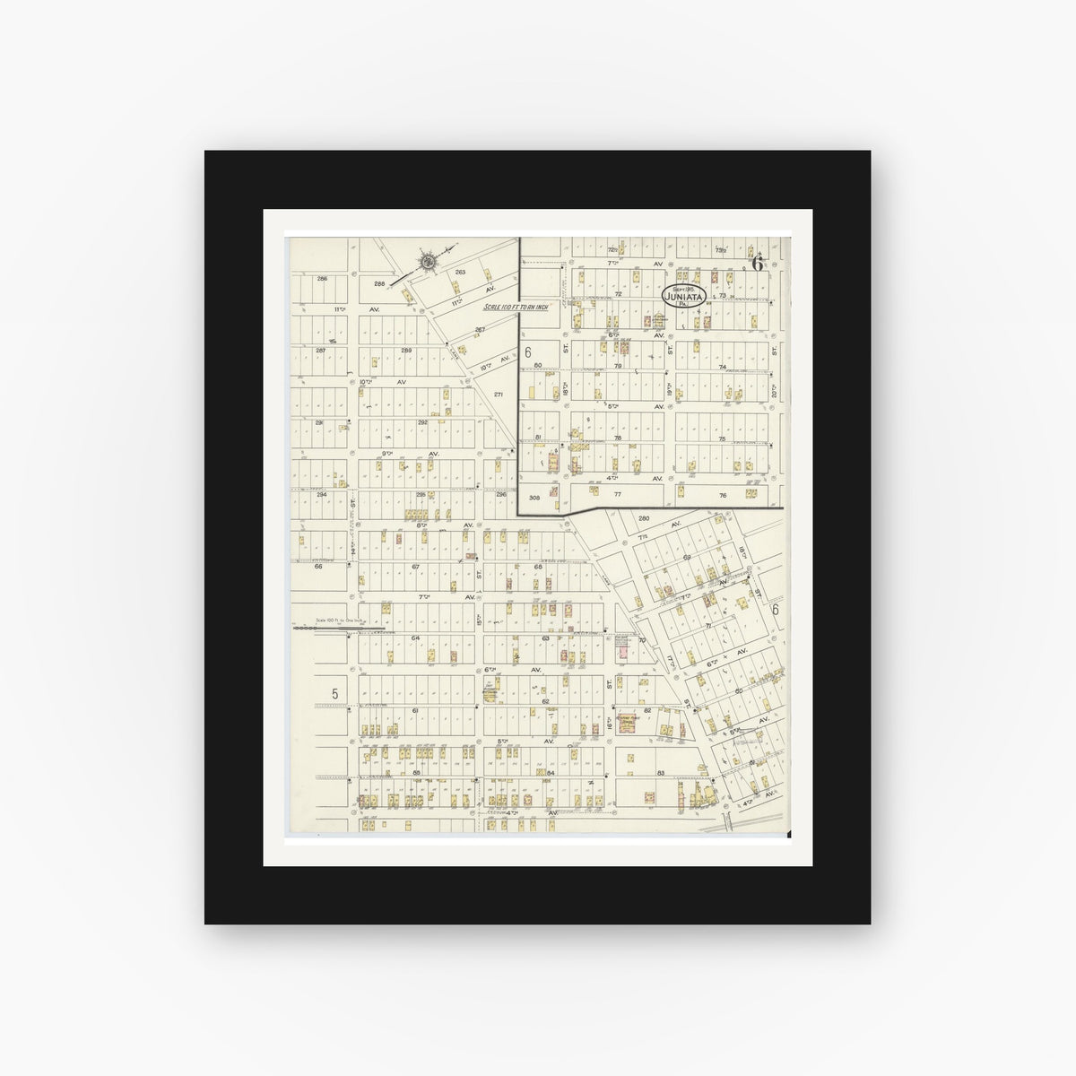 Old map wall art mockup — black gallery frame with white mat — Sanborn Fire Insurance Map from Juniata, Blair County, Pennsylvania (1915), Sheet #0006