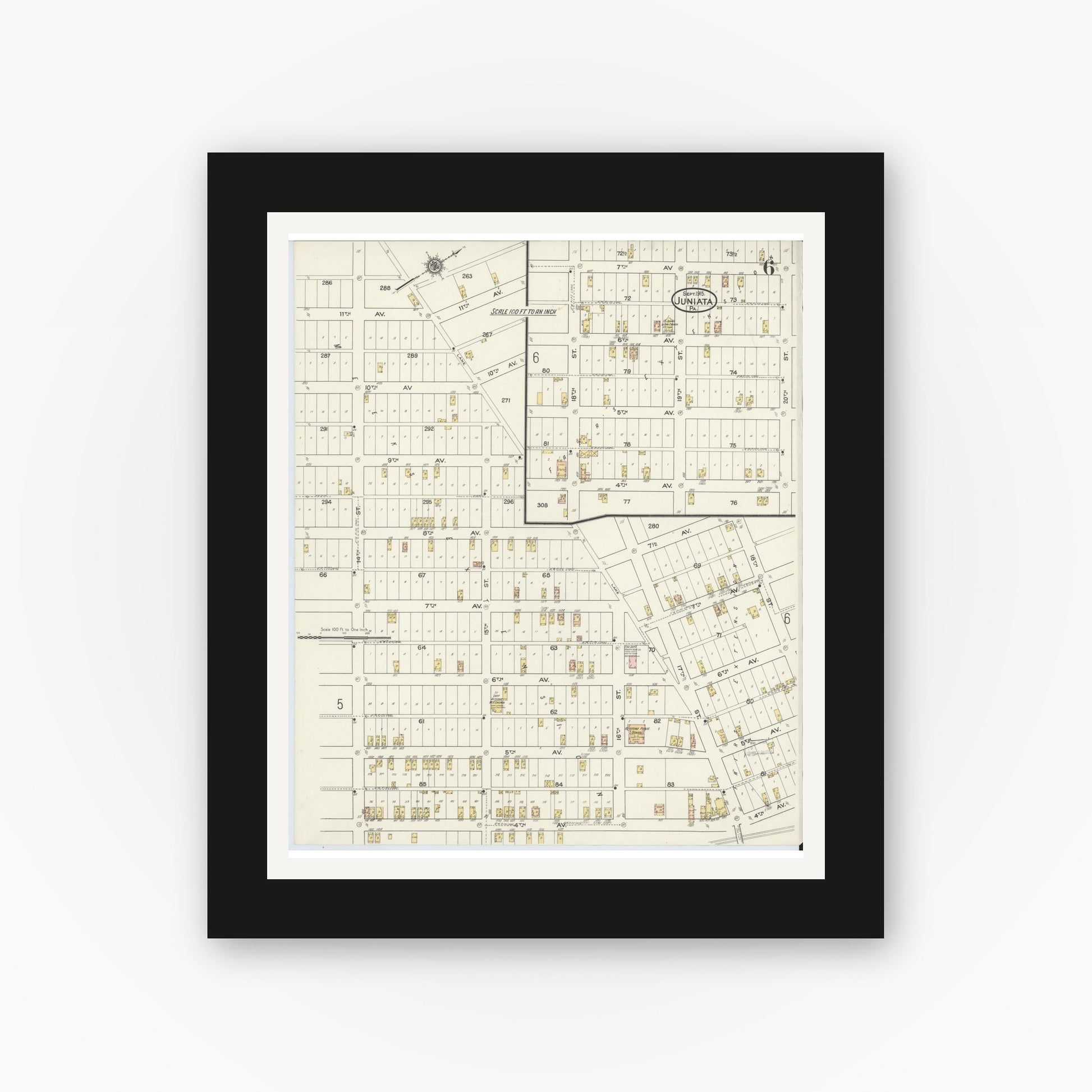 Old map wall art mockup — black gallery frame with white mat — Sanborn Fire Insurance Map from Juniata, Blair County, Pennsylvania (1915), Sheet #0006