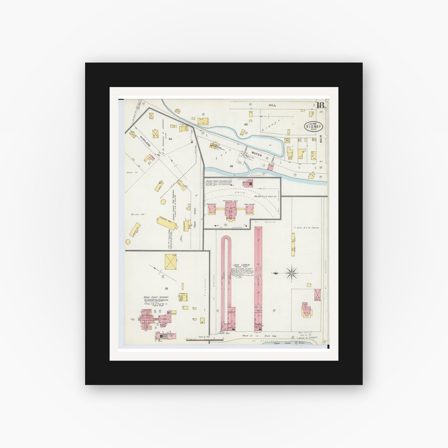 Old map wall art mockup — black gallery frame with white mat — Sanborn Fire Insurance Map from Sidney, Shelby County, Ohio (1898), Sheet #0018