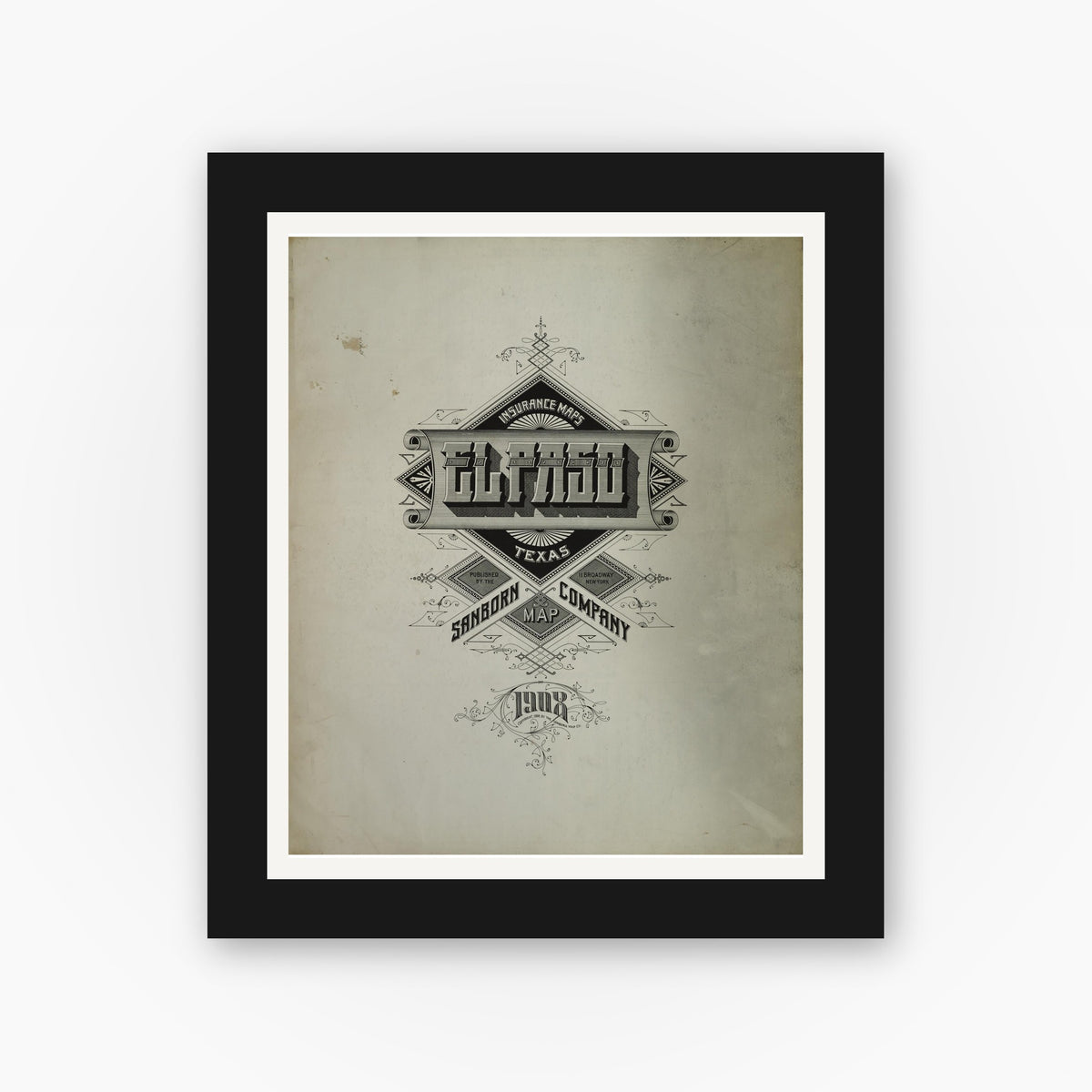 Old map wall art mockup — black gallery frame with white mat — Sanborn Fire Insurance Map from El Paso, El Paso County, Texas (1908), Sheet #0001
