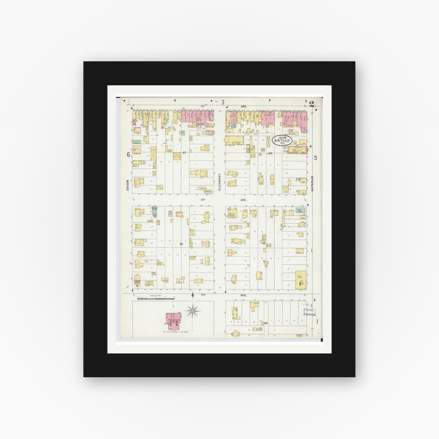 Old map wall art mockup — black gallery frame with white mat — Sanborn Fire Insurance Map from Antigo, Langlade County, Wisconsin (1898), Sheet #0002