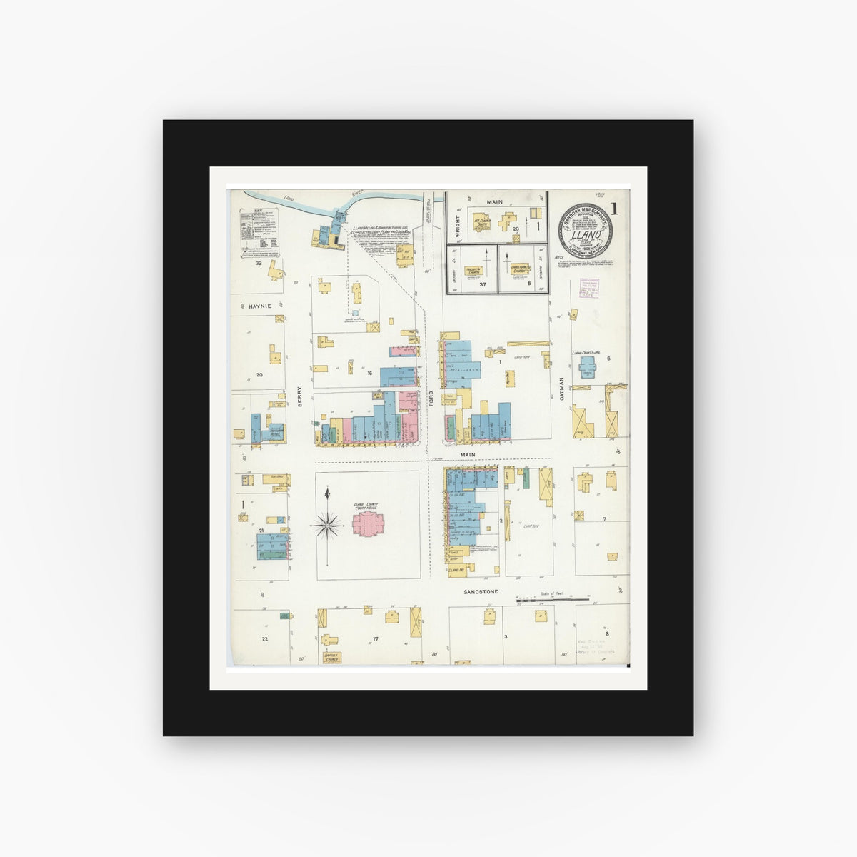 Old map wall art mockup — black gallery frame with white mat — Sanborn Fire Insurance Map from Llano, Llano County, Texas (1905) - Complete Map Set