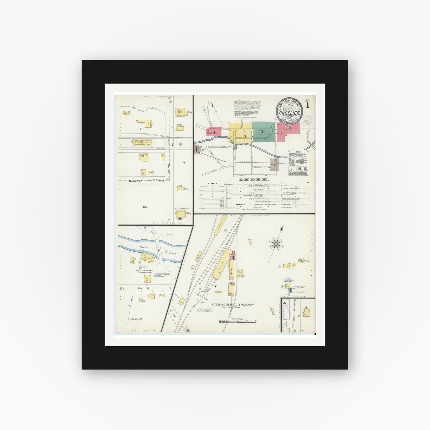 Old map wall art mockup — black gallery frame with white mat — Sanborn Fire Insurance Map from Angelica, Allegany County, New York (1903) - Complete Map Set