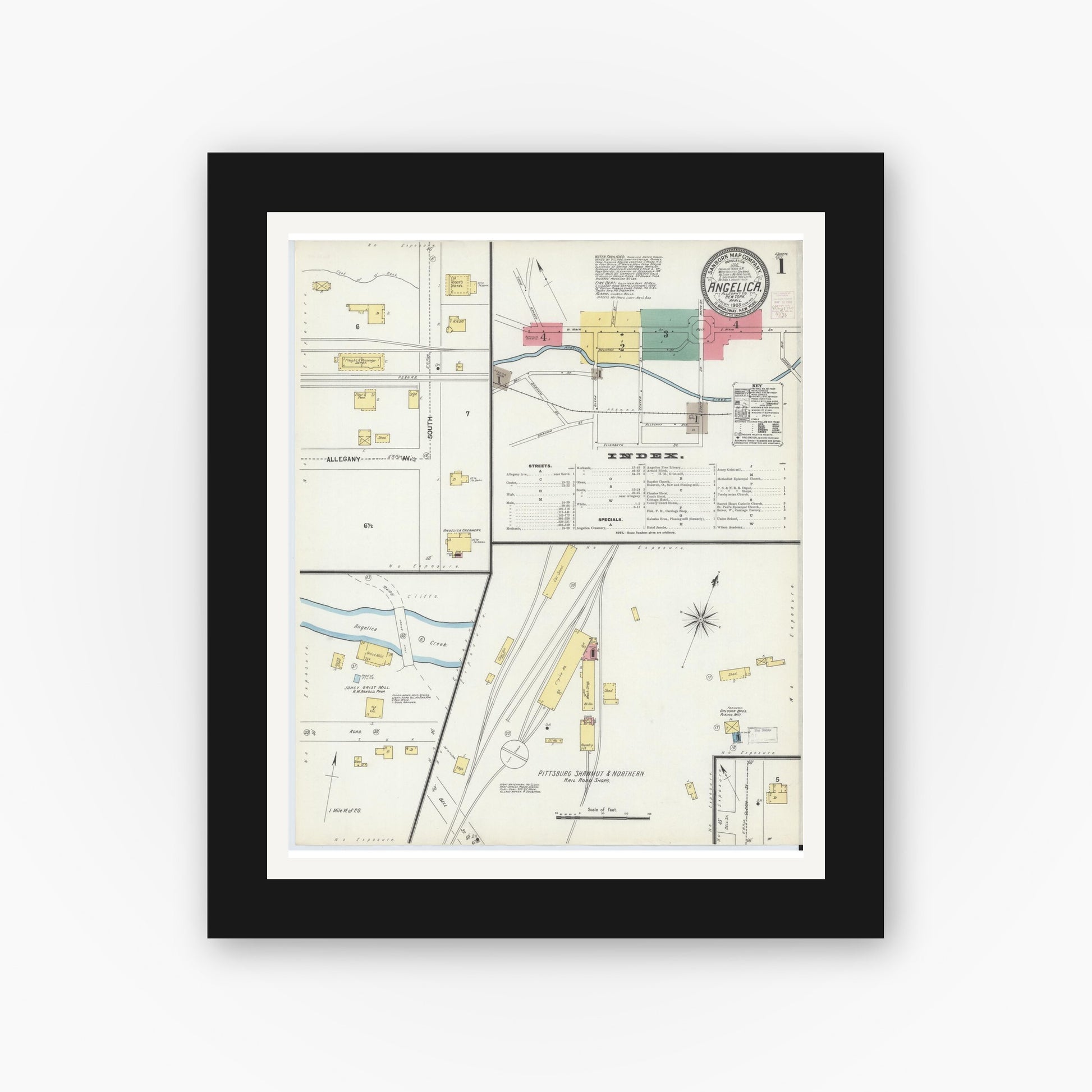 Old map wall art mockup — black gallery frame with white mat — Sanborn Fire Insurance Map from Angelica, Allegany County, New York (1903) - Complete Map Set