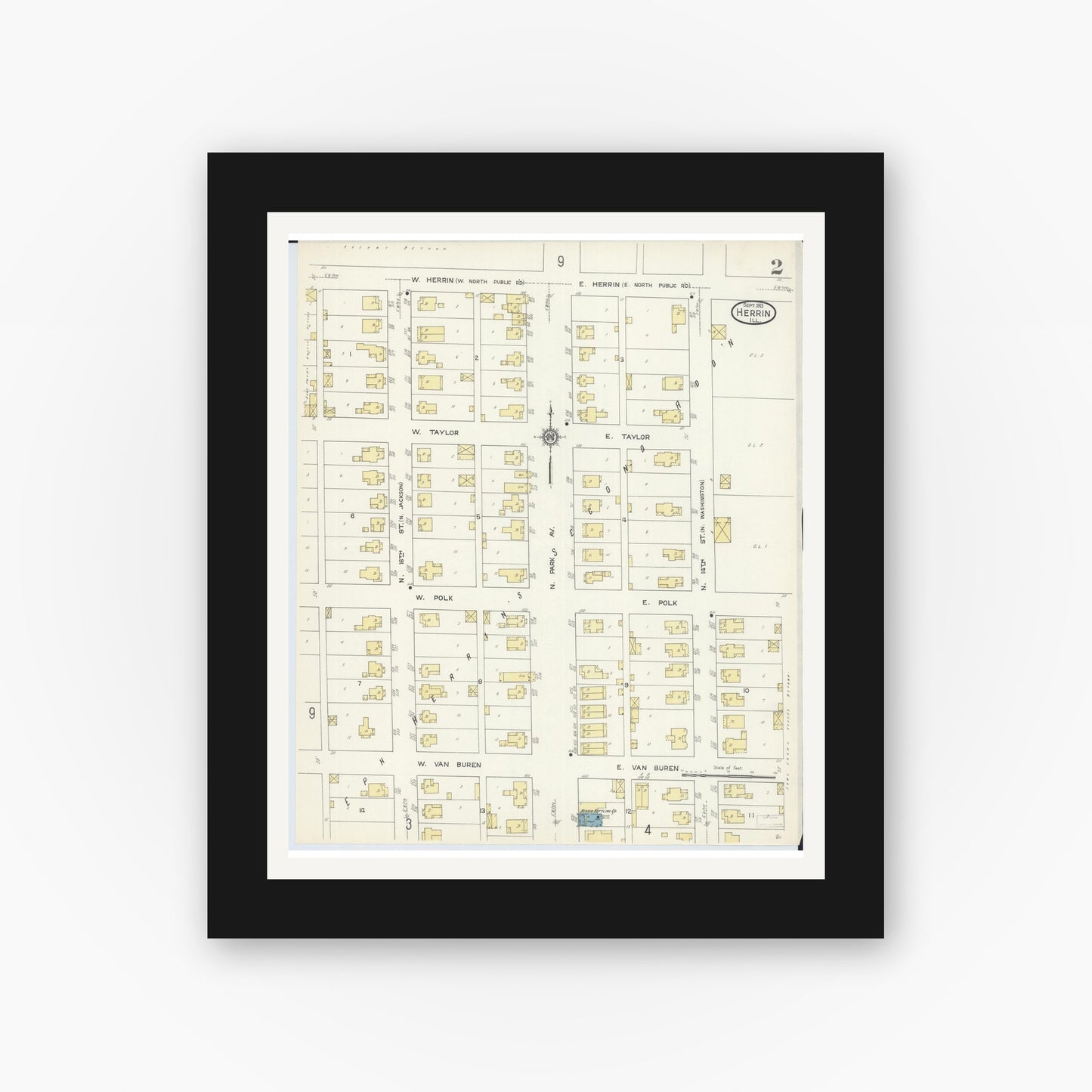 Old map wall art mockup — black gallery frame with white mat — Sanborn Fire Insurance Map from Herrin, Williamson County, Illinois (1913), Sheet #0002