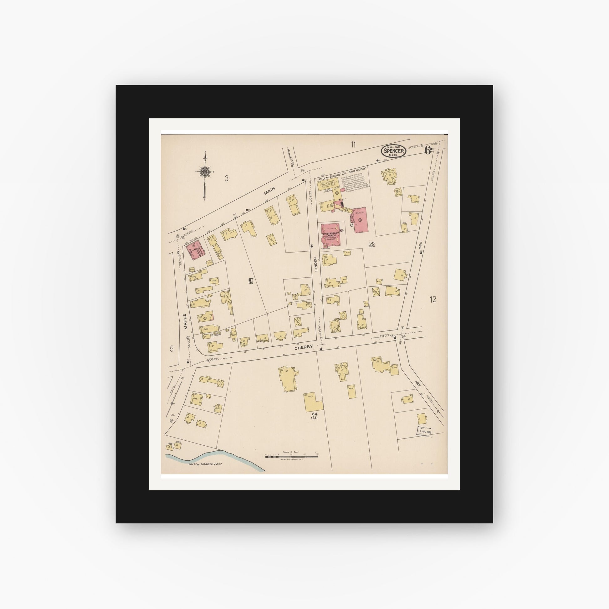 Old map wall art mockup — black gallery frame with white mat — Sanborn Fire Insurance Map from Spencer, Worcester County, Massachusetts (1922), Sheet #0006