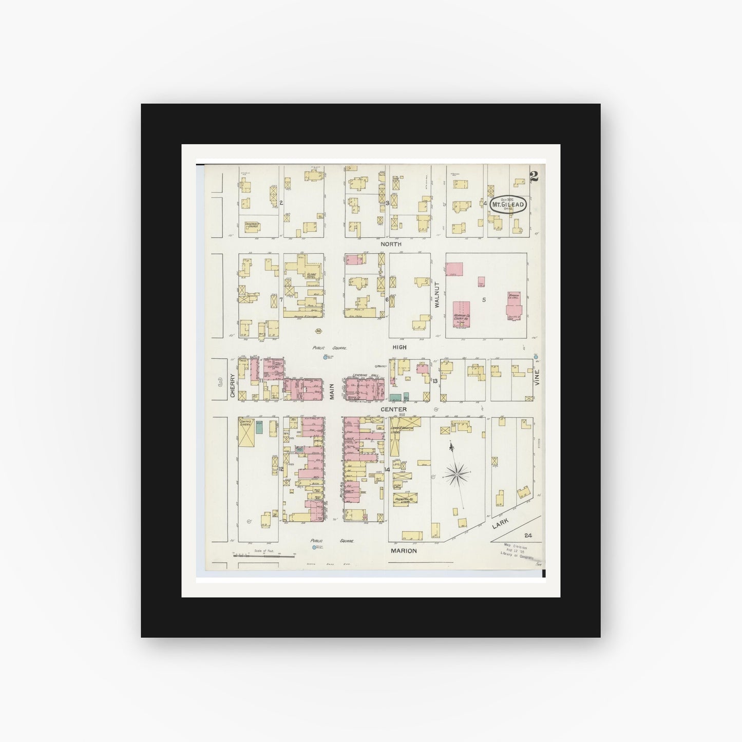 Old map wall art mockup — black gallery frame with white mat — Sanborn Fire Insurance Map from Mount Gilead, Morrow County, Ohio (1892), Sheet #0002