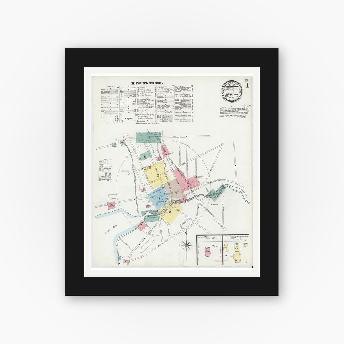Old map wall art mockup — black gallery frame with white mat — Sanborn Fire Insurance Map from Penn Yan, Yates County, New York (1897) - Complete Map Set