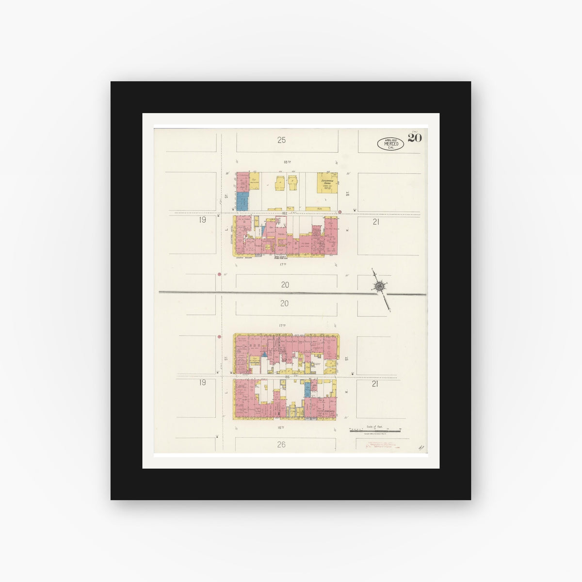 Old map wall art mockup — black gallery frame with white mat — Sanborn Fire Insurance Map from Merced, Merced County, California (1922), Sheet #0020