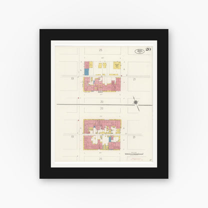 Old map wall art mockup — black gallery frame with white mat — Sanborn Fire Insurance Map from Merced, Merced County, California (1922), Sheet #0020