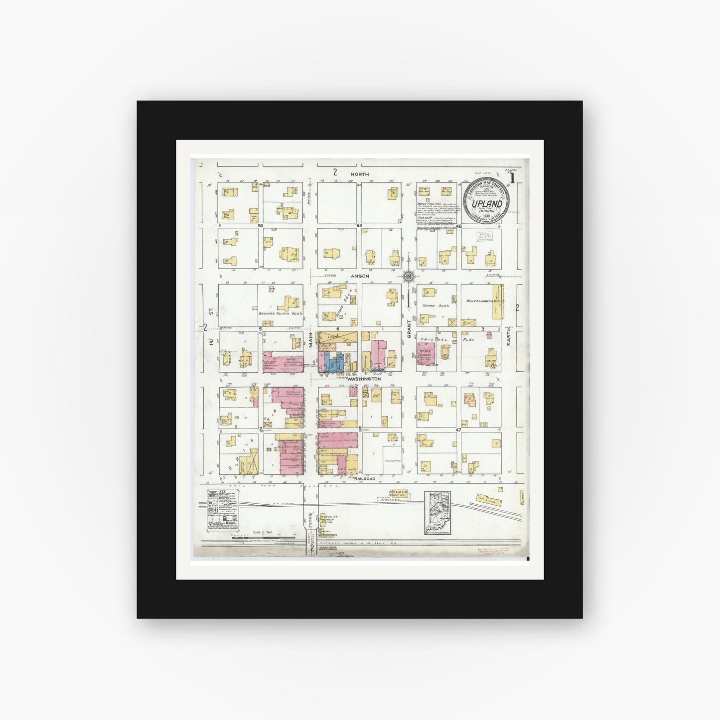 Old map wall art mockup — black gallery frame with white mat — Sanborn Fire Insurance Map from Upland, Grant County, Indiana (1920) - Complete Map Set