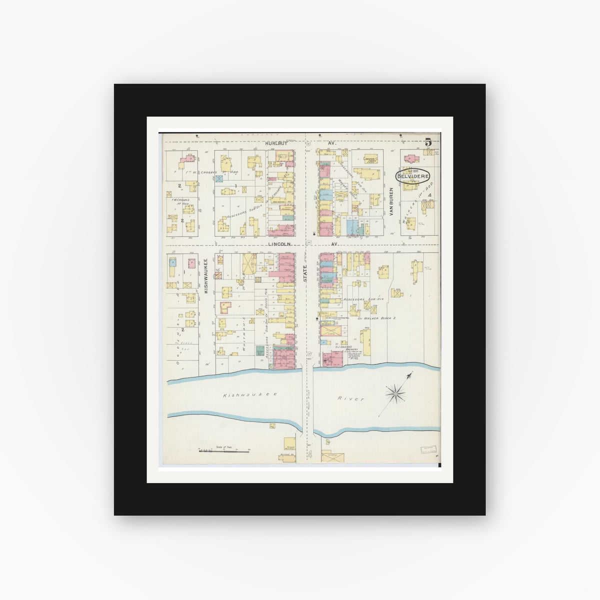 Old map wall art mockup — black gallery frame with white mat — Sanborn Fire Insurance Map from Belvidere, Boone County, Illinois (1892), Sheet #0005