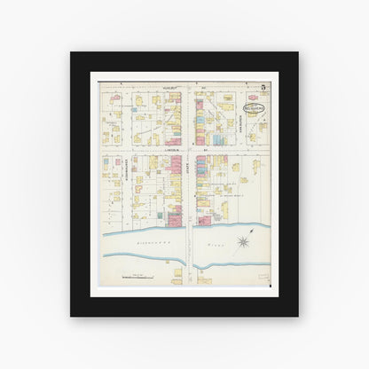 Old map wall art mockup — black gallery frame with white mat — Sanborn Fire Insurance Map from Belvidere, Boone County, Illinois (1892), Sheet #0005