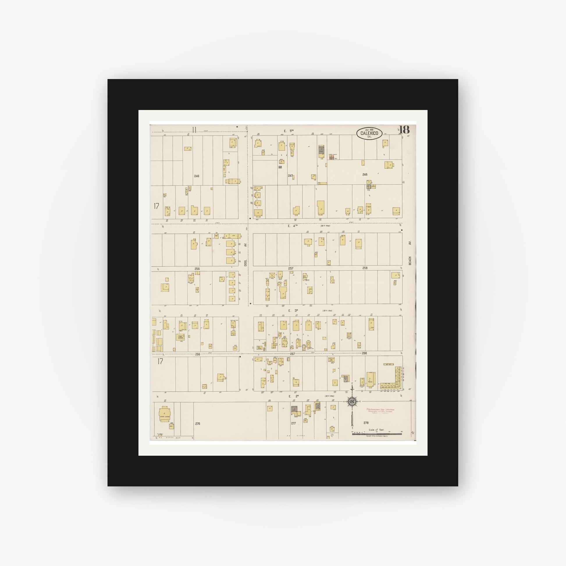 Old map wall art mockup — black gallery frame with white mat — Sanborn Fire Insurance Map from Calexico, Imperial County, California (1920), Sheet #0018