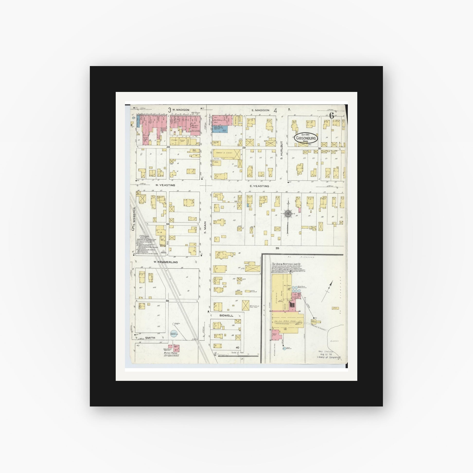Old map wall art mockup — black gallery frame with white mat — Sanborn Fire Insurance Map from Gibsonburg, Sandusky County, Ohio (1910), Sheet #0006