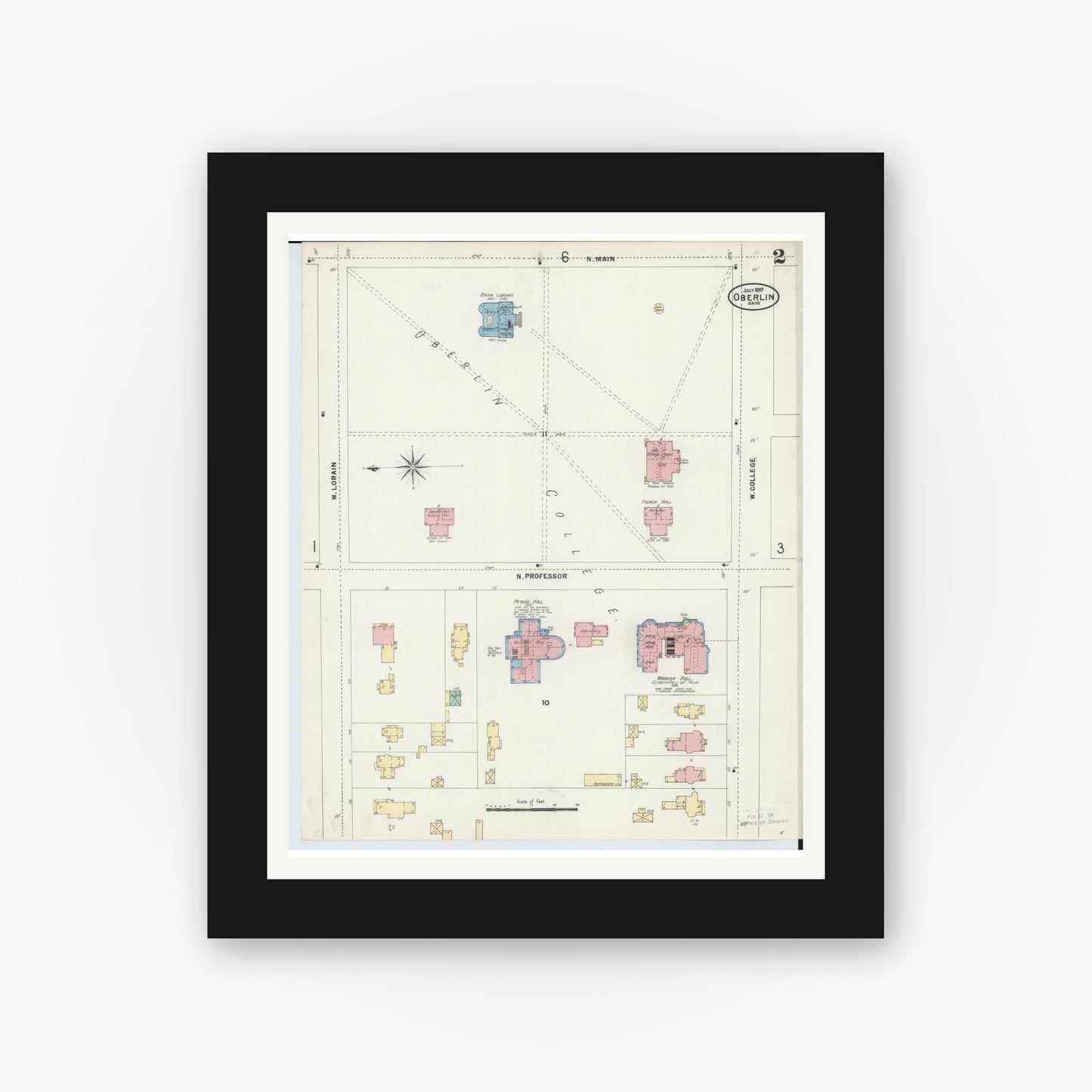 Old map wall art mockup — black gallery frame with white mat — Sanborn Fire Insurance Map from Oberlin, Lorain County, Ohio (1897), Sheet #0002
