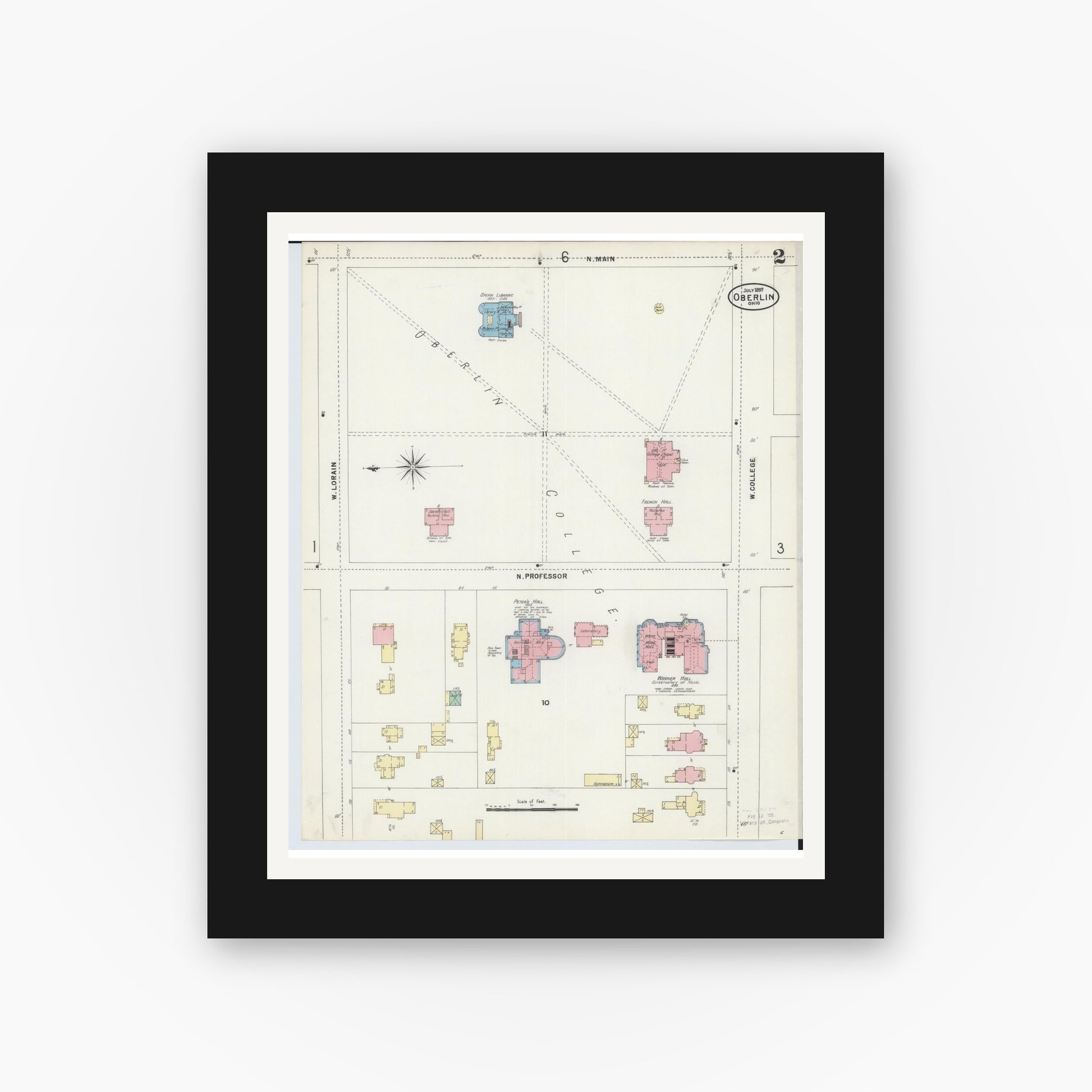 Old map wall art mockup — black gallery frame with white mat — Sanborn Fire Insurance Map from Oberlin, Lorain County, Ohio (1897), Sheet #0002