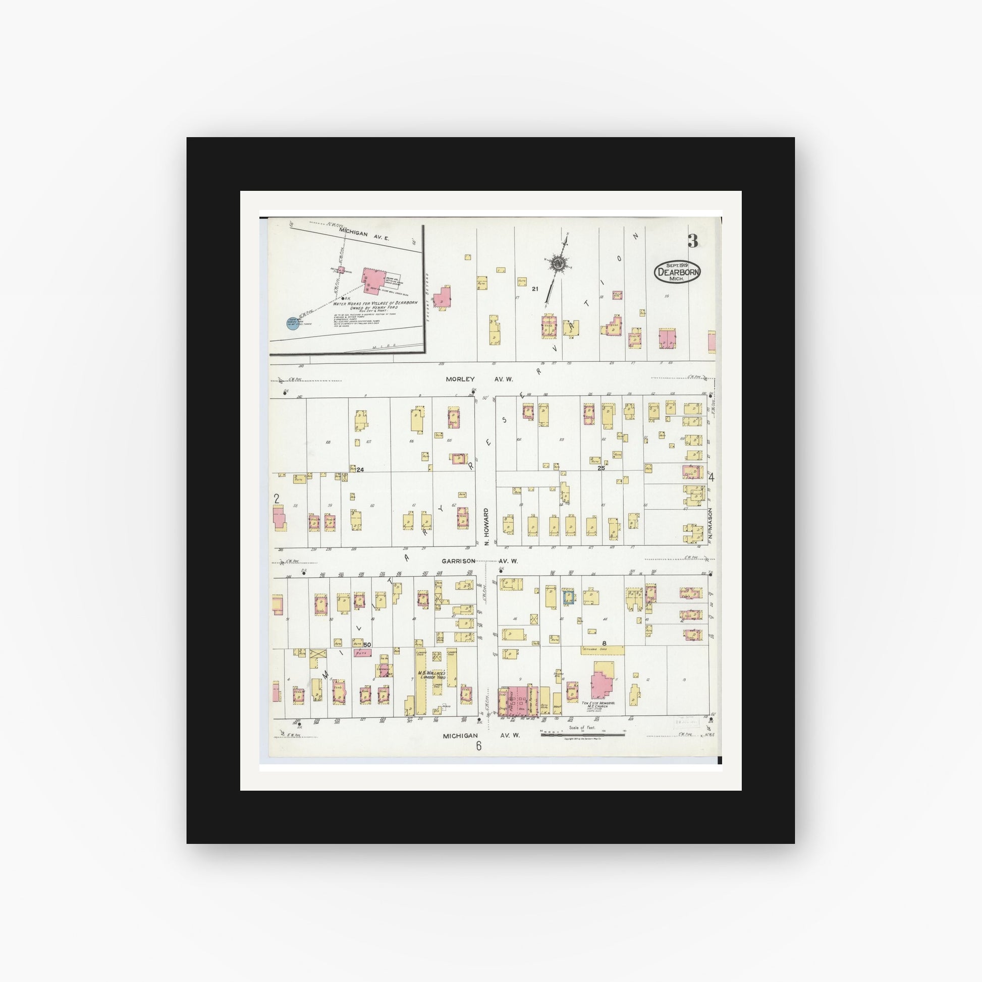 Old map wall art mockup — black gallery frame with white mat — Sanborn Fire Insurance Map from Dearborn, Wayne County, Michigan (1919), Sheet #0003