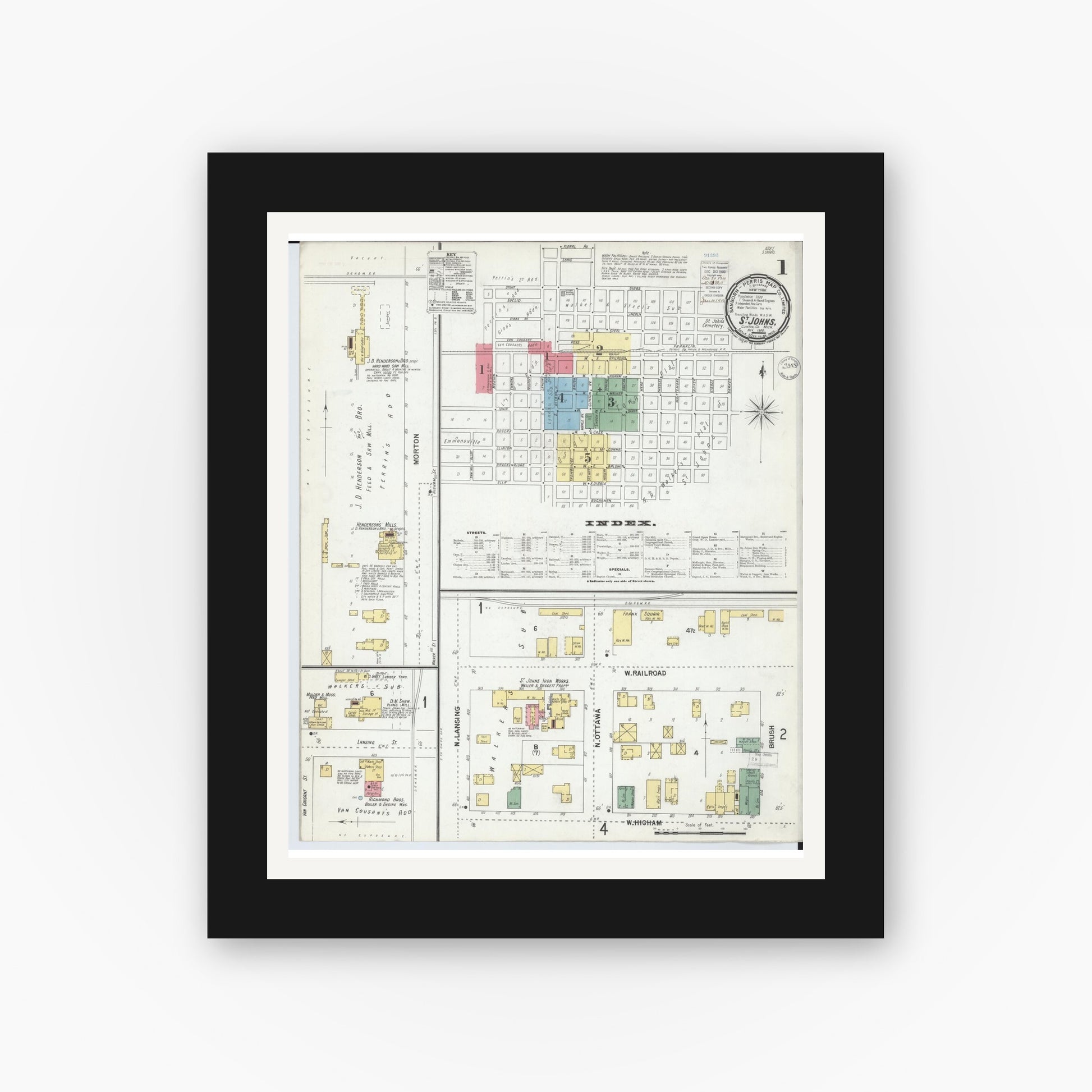 Old map wall art mockup — black gallery frame with white mat — Sanborn Fire Insurance Map from Saint Johns, Clinton County, Michigan (1900) - Complete Map Set