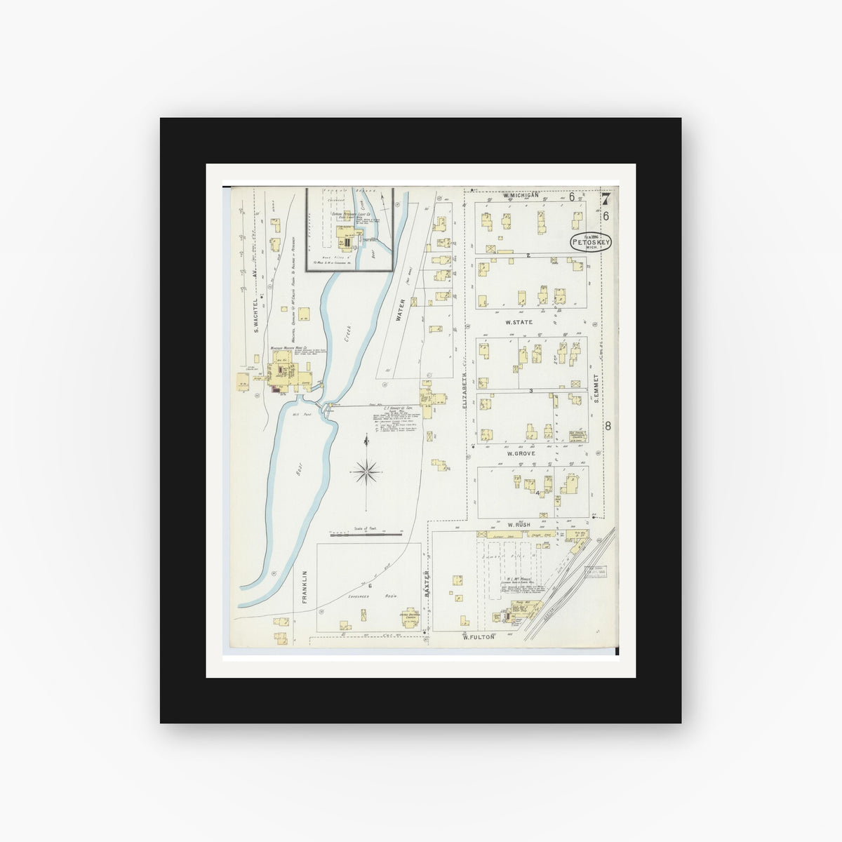Old map wall art mockup — black gallery frame with white mat — Sanborn Fire Insurance Map from Petoskey, Emmet County, Michigan (1896), Sheet #0007