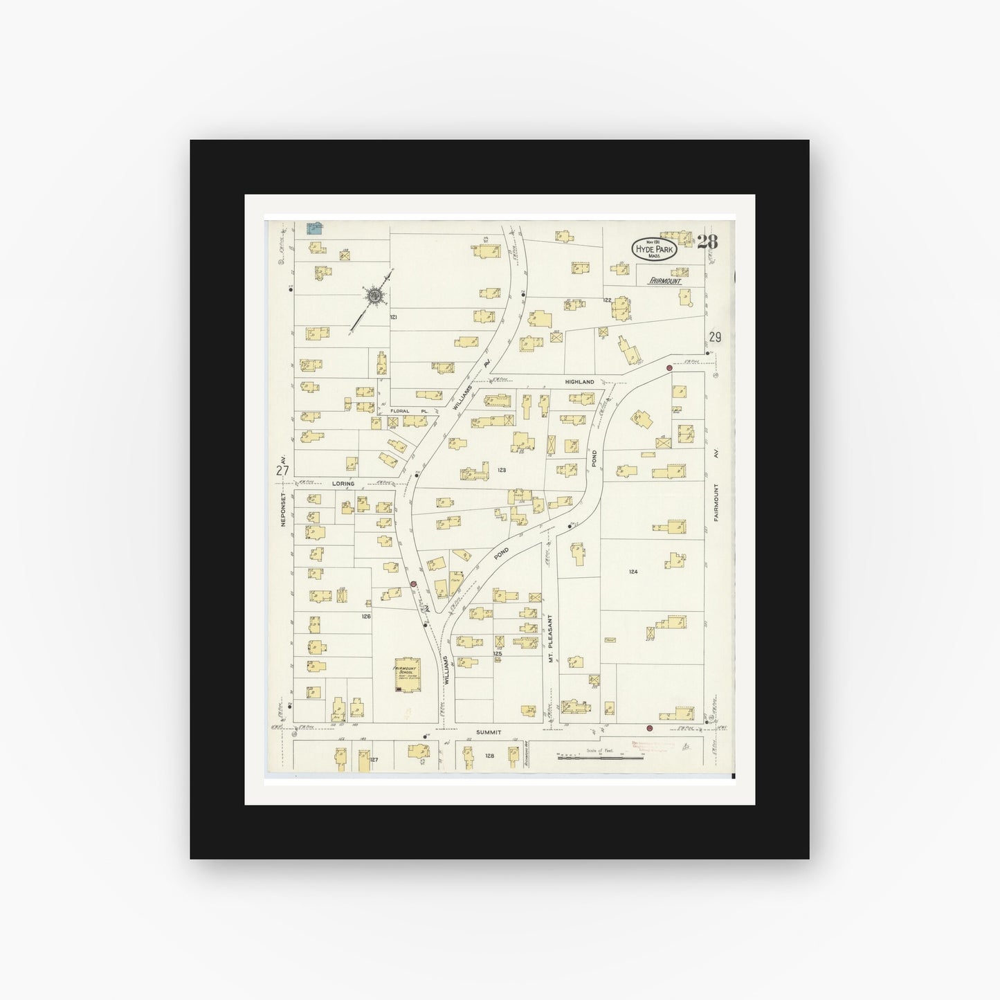 Old map wall art mockup — black gallery frame with white mat — Sanborn Fire Insurance Map from Hyde Park, Norfolk County, Massachusetts (1911), Sheet #0028
