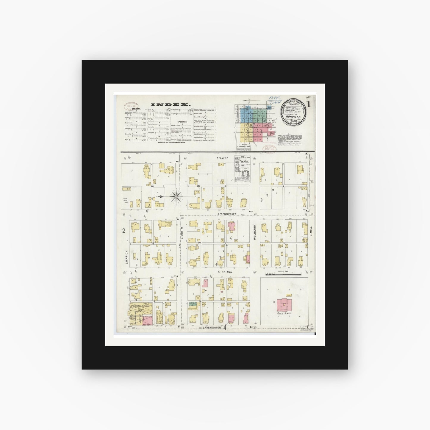 Old map wall art mockup — black gallery frame with white mat — Sanborn Fire Insurance Map from Danville, Hendricks County, Indiana (1898) - Complete Map Set