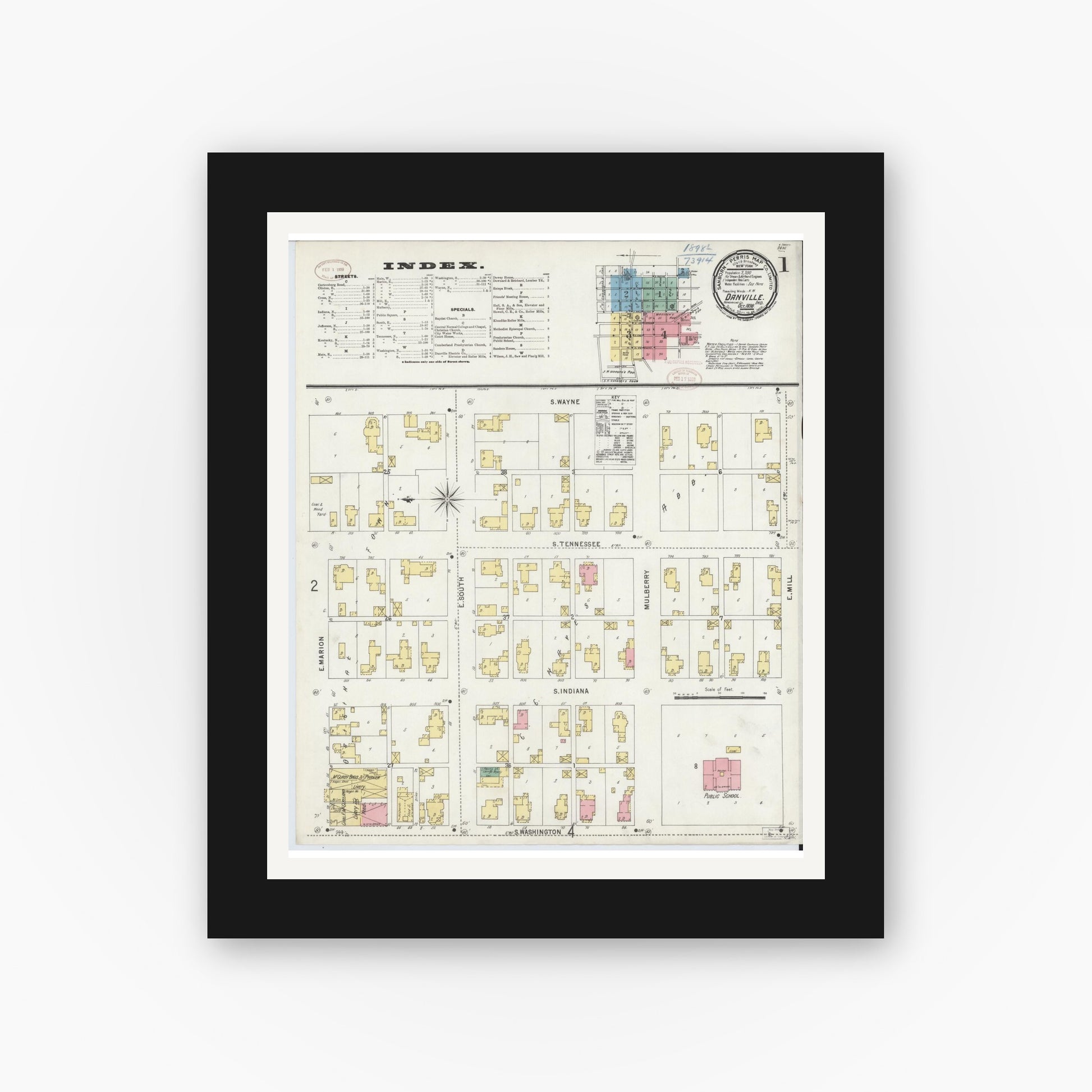 Old map wall art mockup — black gallery frame with white mat — Sanborn Fire Insurance Map from Danville, Hendricks County, Indiana (1898) - Complete Map Set