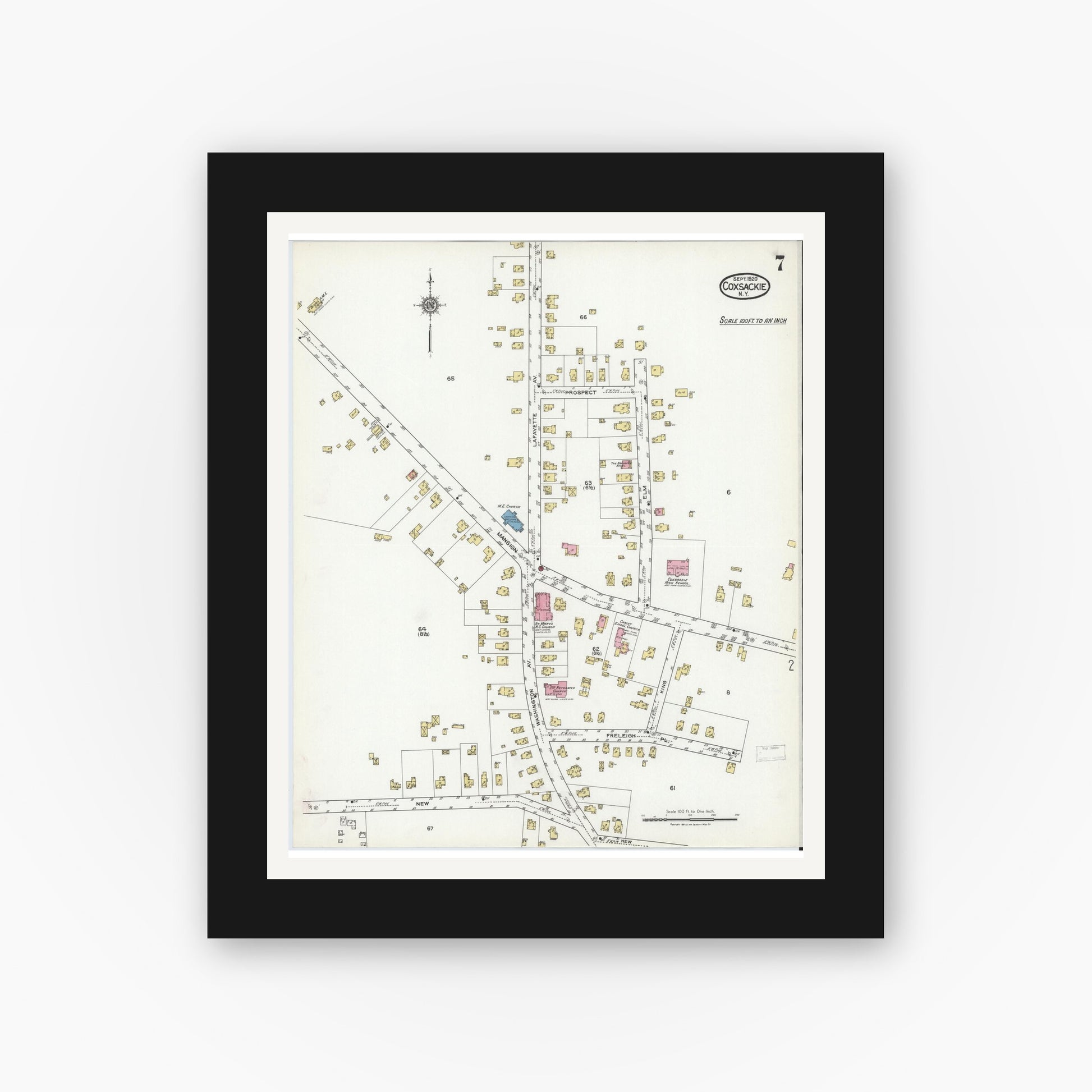 Old map wall art mockup — black gallery frame with white mat — Sanborn Fire Insurance Map from Coxsackie, Greene County, New York (1920), Sheet #0007