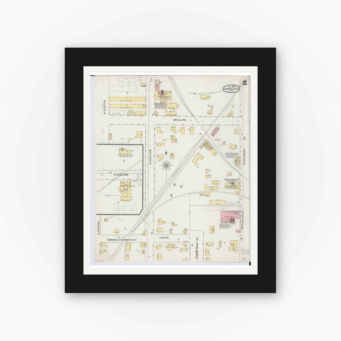 Old map wall art mockup — black gallery frame with white mat — Sanborn Fire Insurance Map from Charlotte, Eaton County, Michigan (1895), Sheet #0002