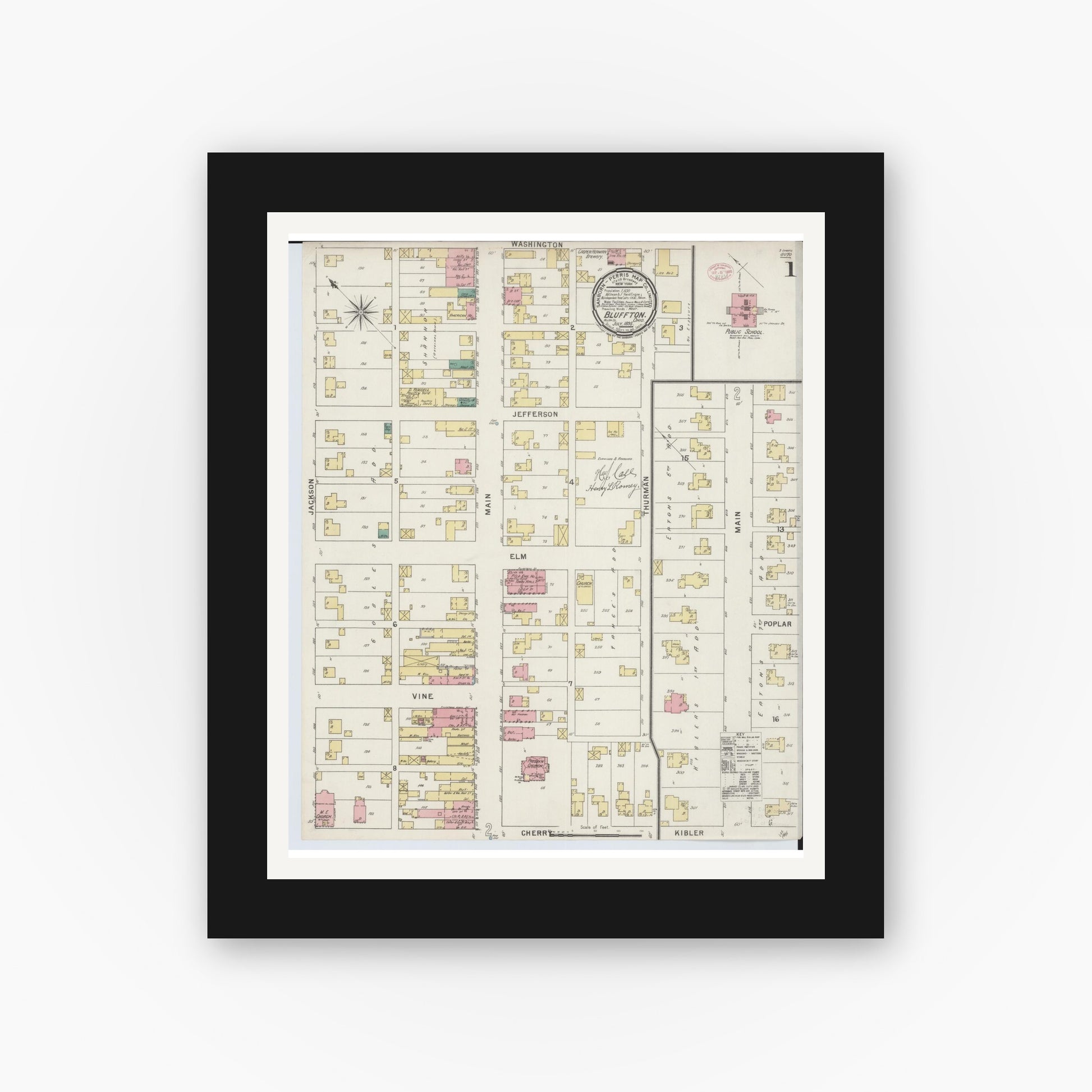 Old map wall art mockup — black gallery frame with white mat — Sanborn Fire Insurance Map from Bluffton, Allen County, Ohio (1895), Sheet #0001