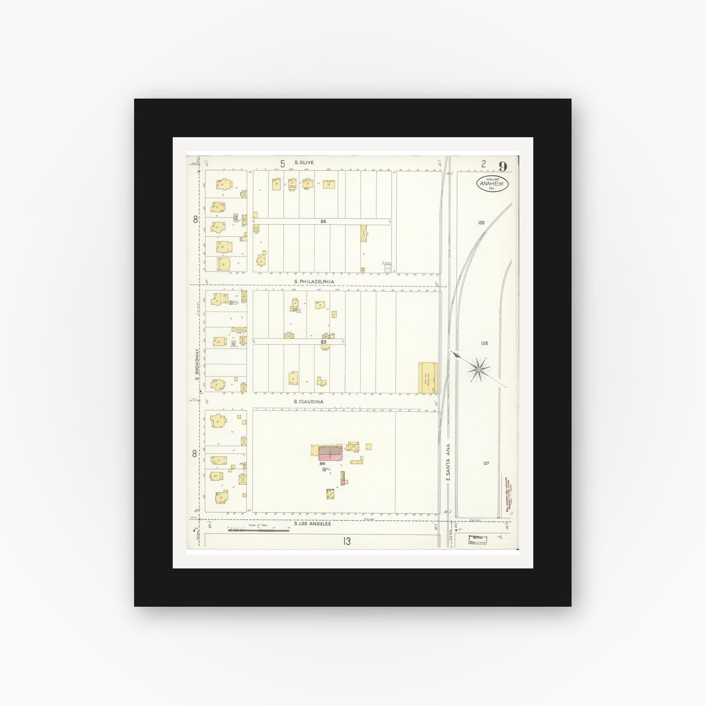 Old map wall art mockup — black gallery frame with white mat — Sanborn Fire Insurance Map from Anaheim, Orange County, California (1907), Sheet #0009