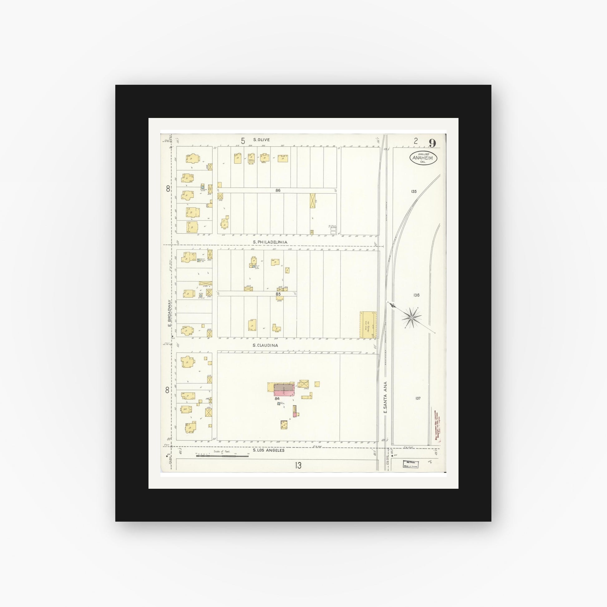 Old map wall art mockup — black gallery frame with white mat — Sanborn Fire Insurance Map from Anaheim, Orange County, California (1907), Sheet #0009