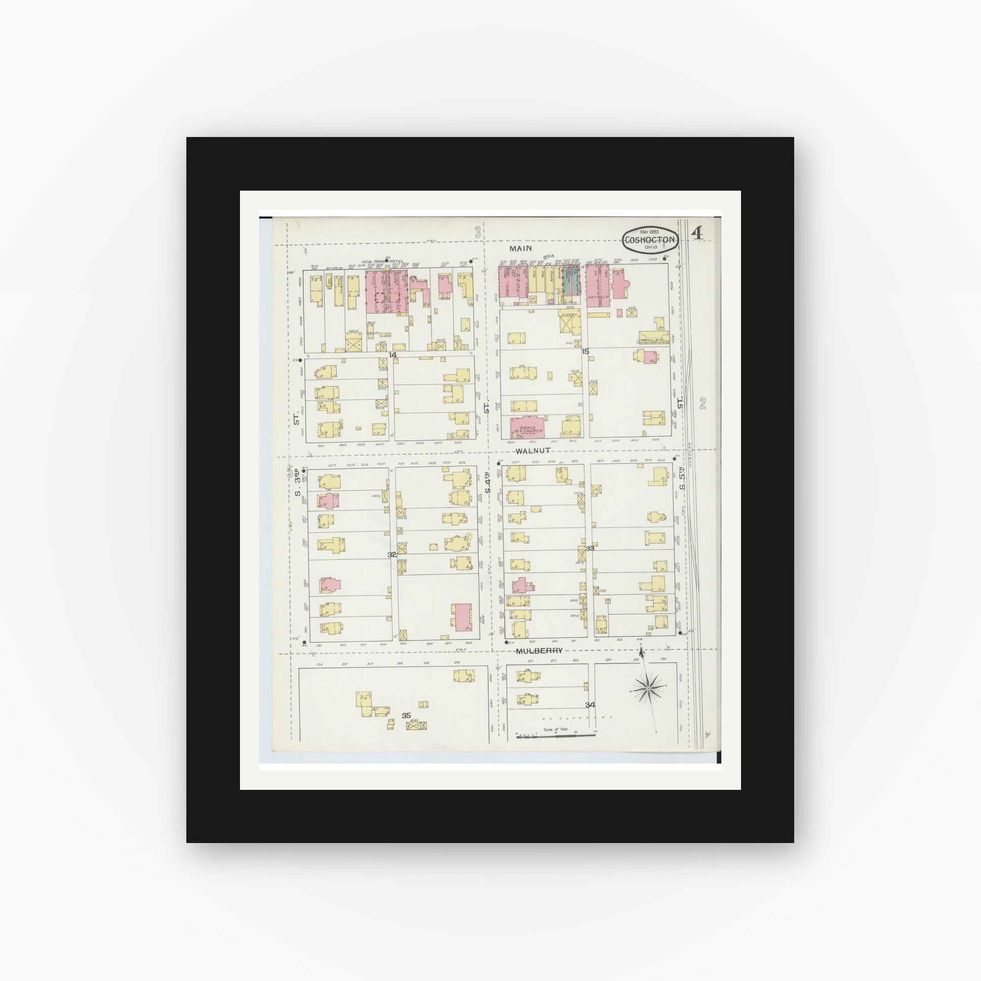 Old map wall art mockup — black gallery frame with white mat — Sanborn Fire Insurance Map from Coshocton, Coshocton County, Ohio (1893), Sheet #0004