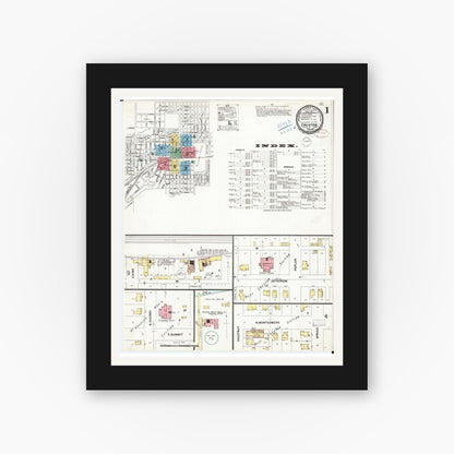 Old map wall art mockup — black gallery frame with white mat — Sanborn Fire Insurance Map from Creston, Union County, Iowa (1899) â€” Complete Set