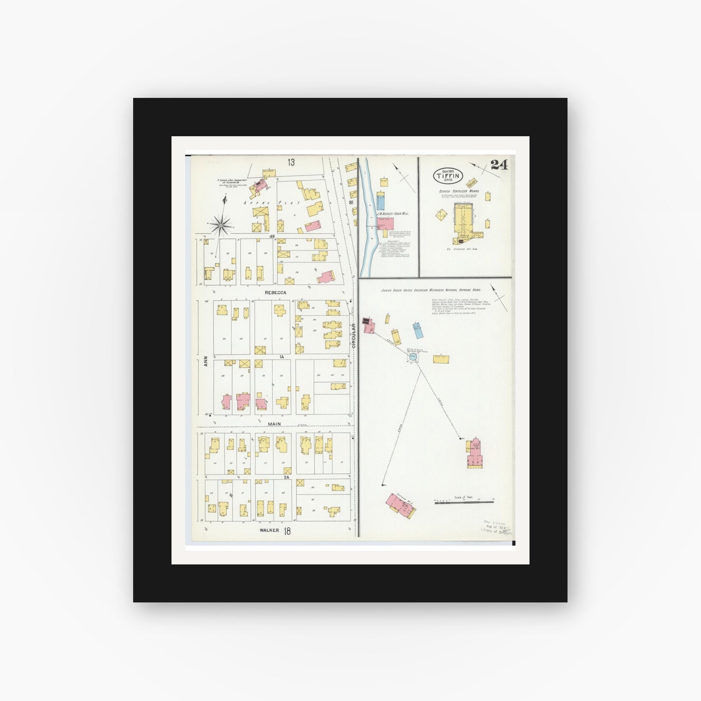 Old map wall art mockup — black gallery frame with white mat — Sanborn Fire Insurance Map from Tiffin, Seneca County, Ohio (1901), Sheet #0024
