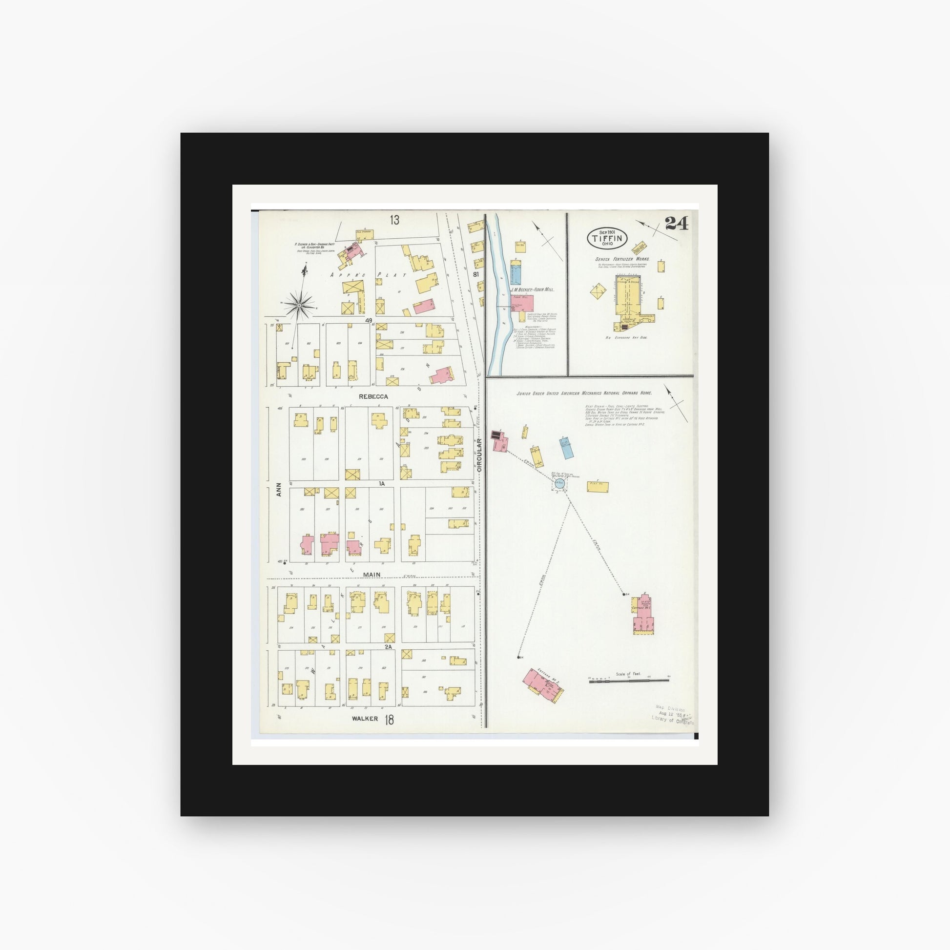 Old map wall art mockup — black gallery frame with white mat — Sanborn Fire Insurance Map from Tiffin, Seneca County, Ohio (1901), Sheet #0024