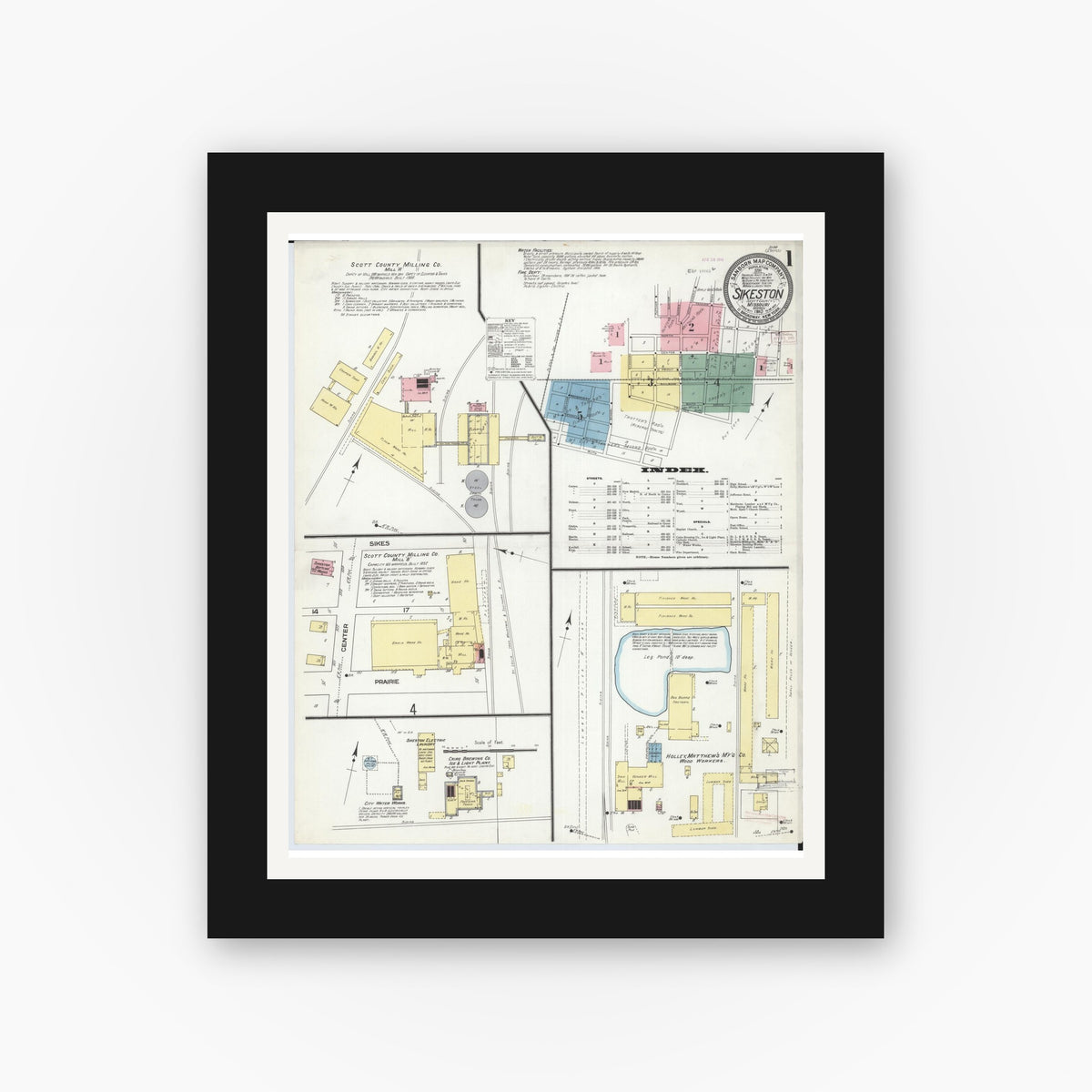 Old map wall art mockup — black gallery frame with white mat — Sanborn Fire Insurance Map from Sikeston, Scott County, Missouri (1910), Sheet #0001